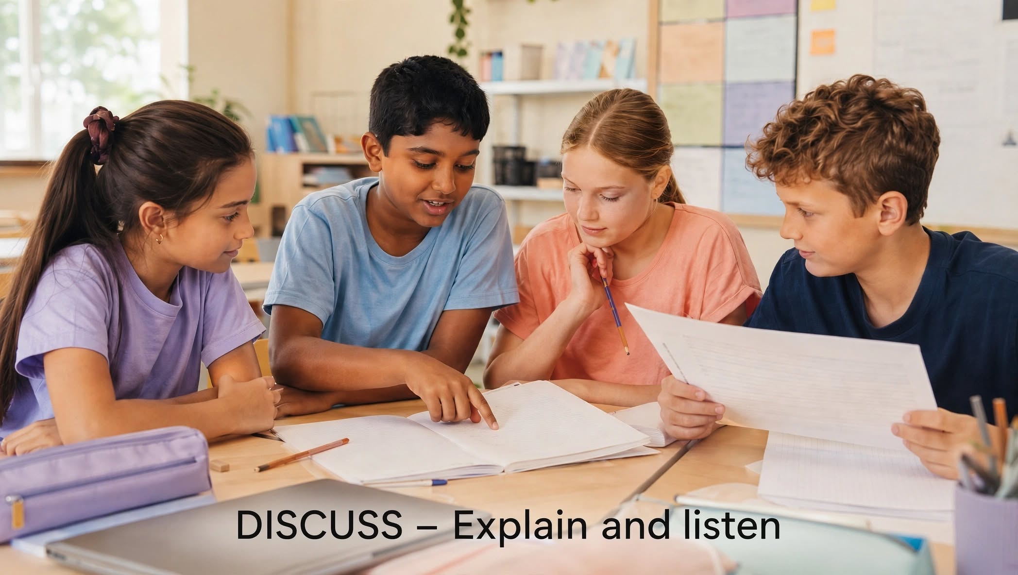 Years 4 to 6 students discussing and reviewing handwritten classroom work together