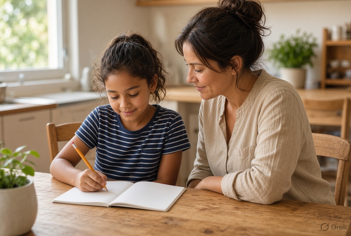 Parent helping a primary school child generate writing ideas at home