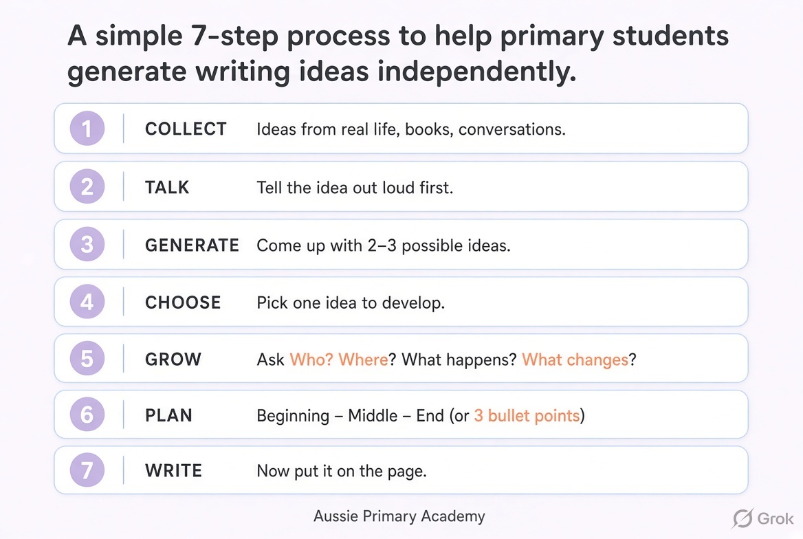 Infographic showing 7 steps to help primary children generate writing ideas: Collect, Talk, Generate, Choose, Grow, Plan, Write