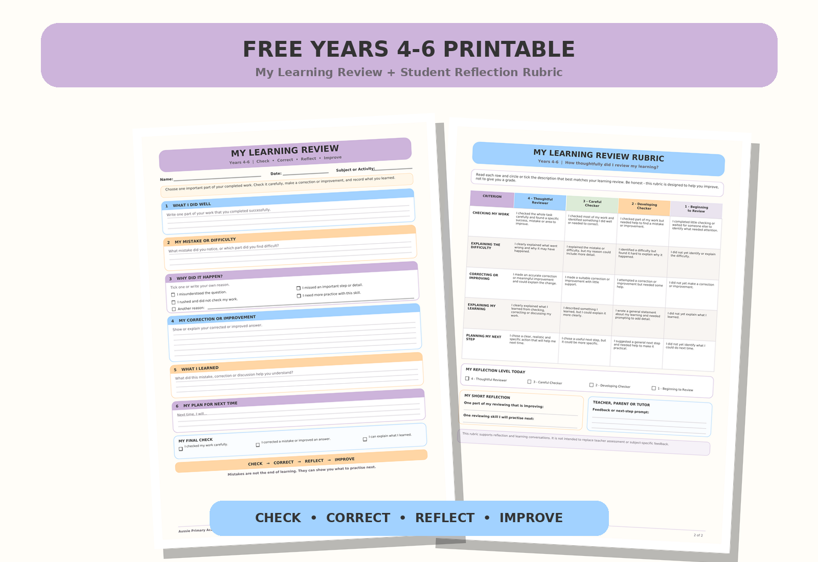My Learning Review worksheet and student reflection rubric for Years 4 to 6