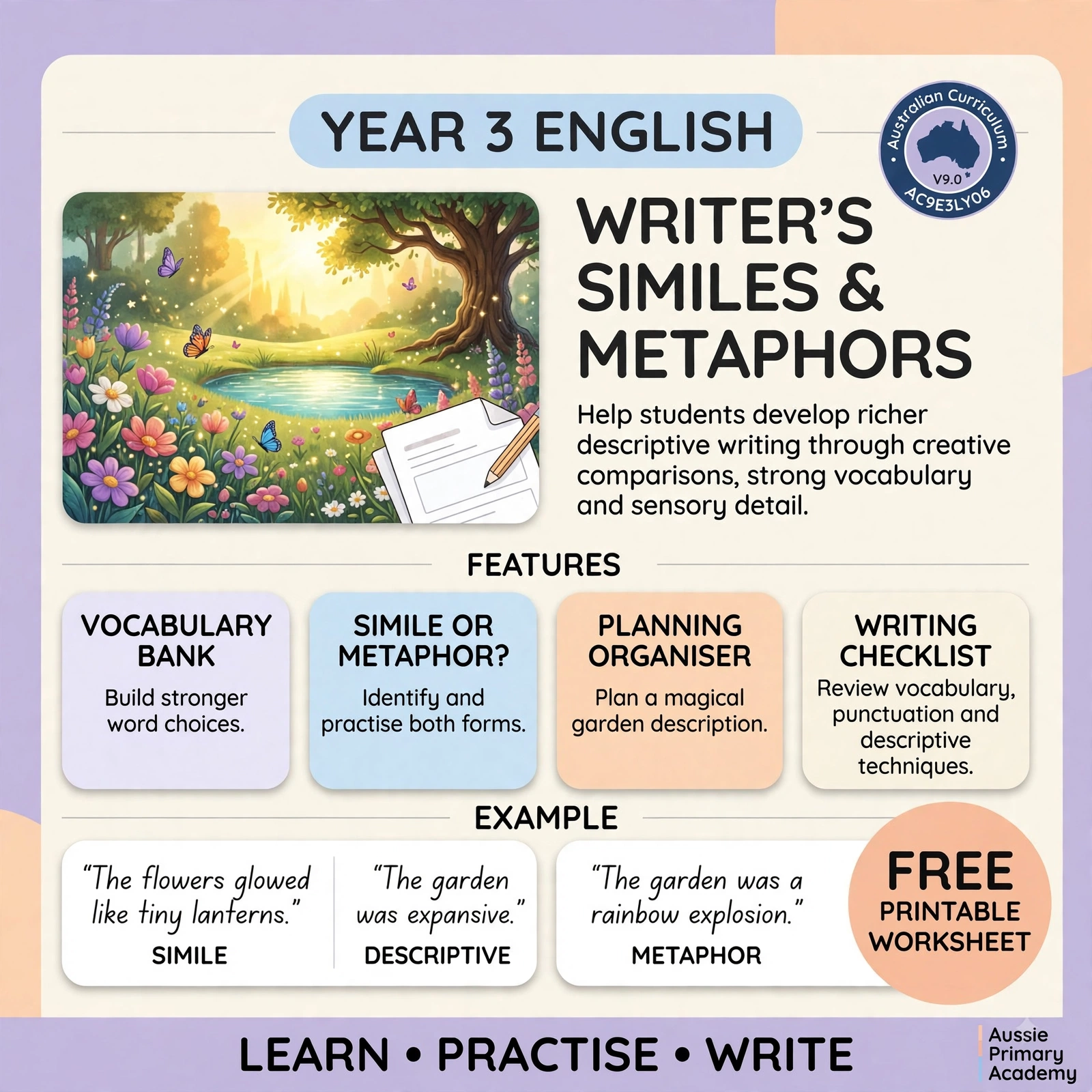 Similes and metaphors Year 3 English worksheet — free printable descriptive writing activity Australia