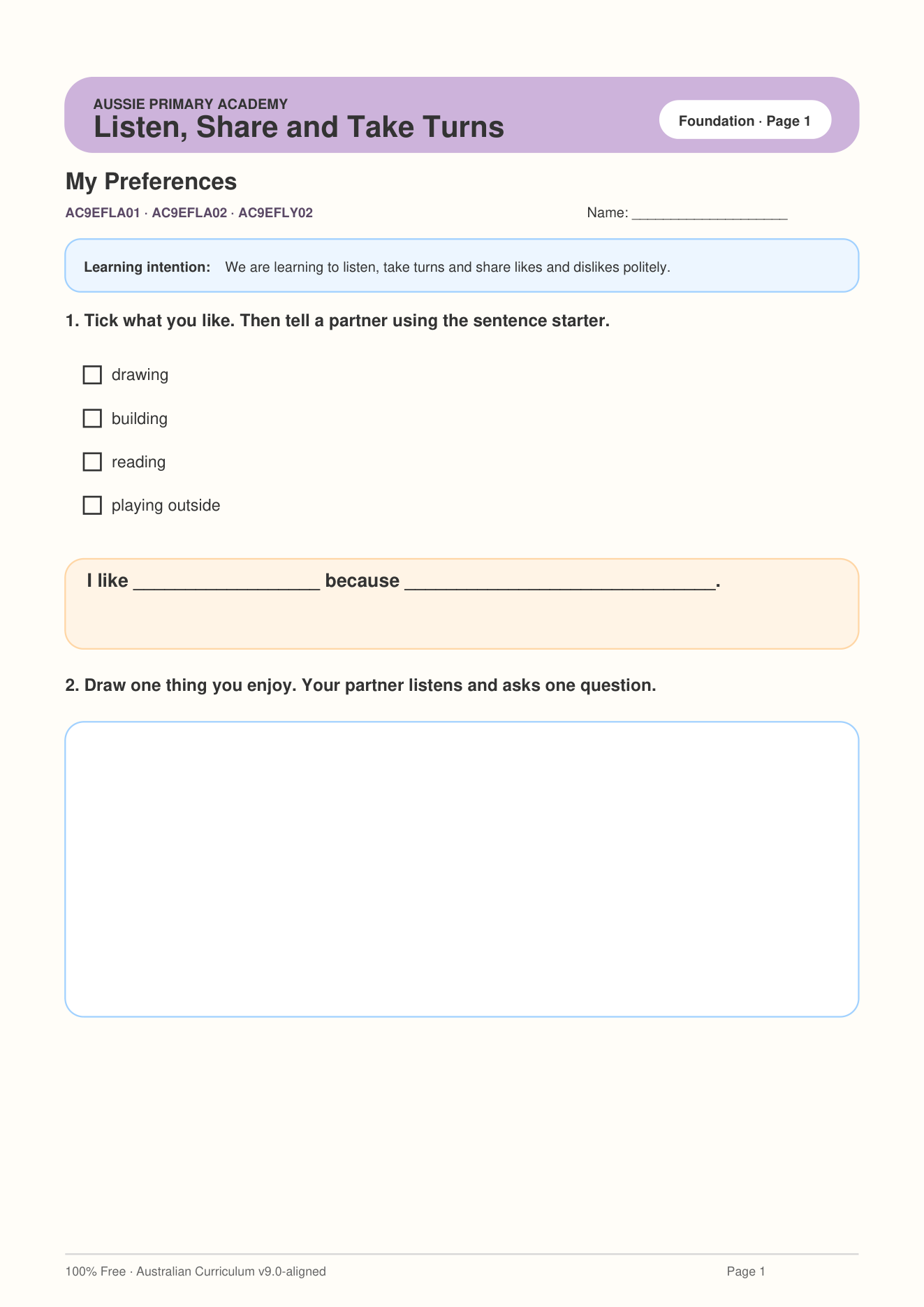 Foundation English Language Preferences Listening Speaking Ac9Efla01 Ac9Efla02 worksheet preview