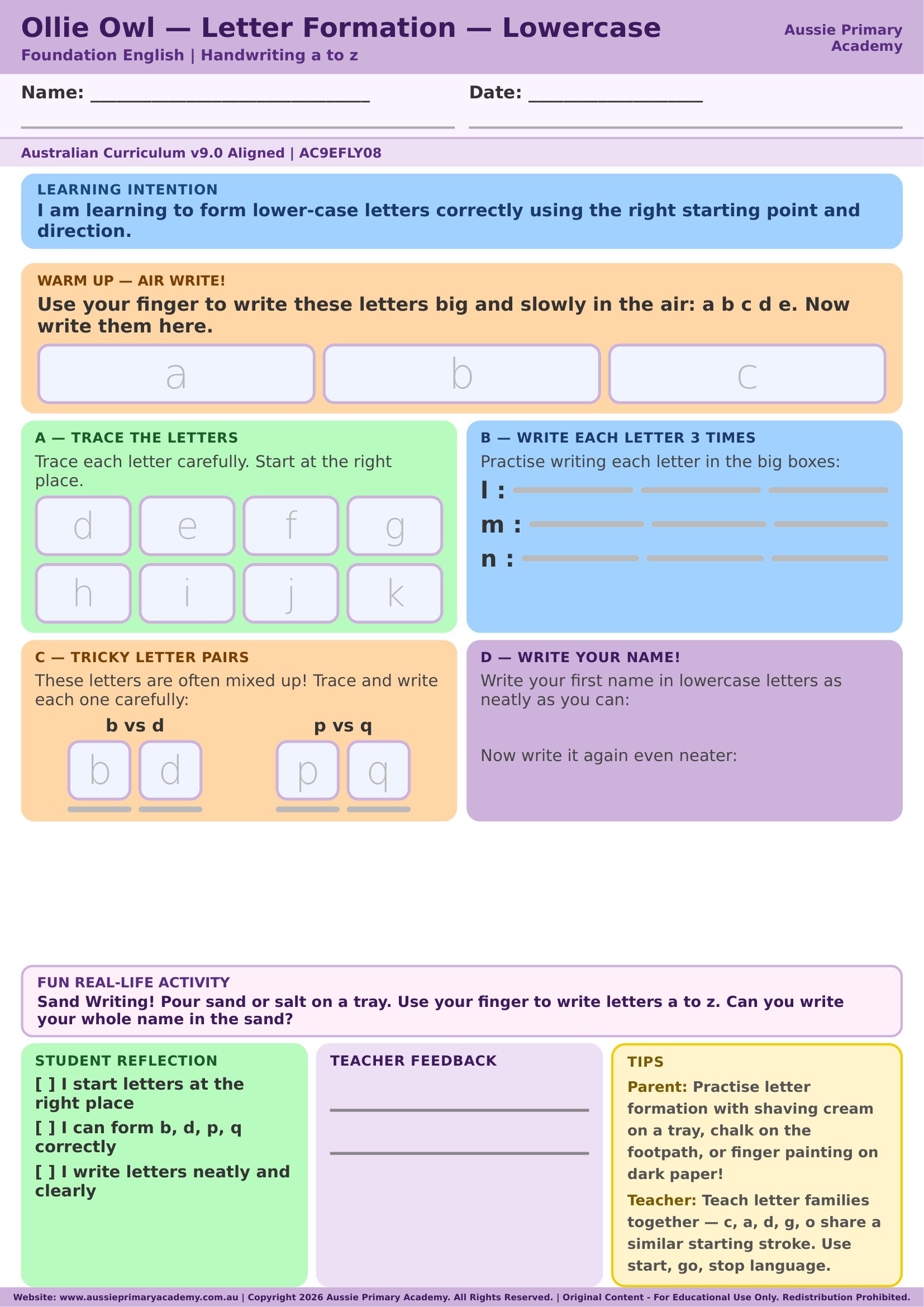 Foundation English Letter Formation Lowercase Ac9Efly08 Colour worksheet preview