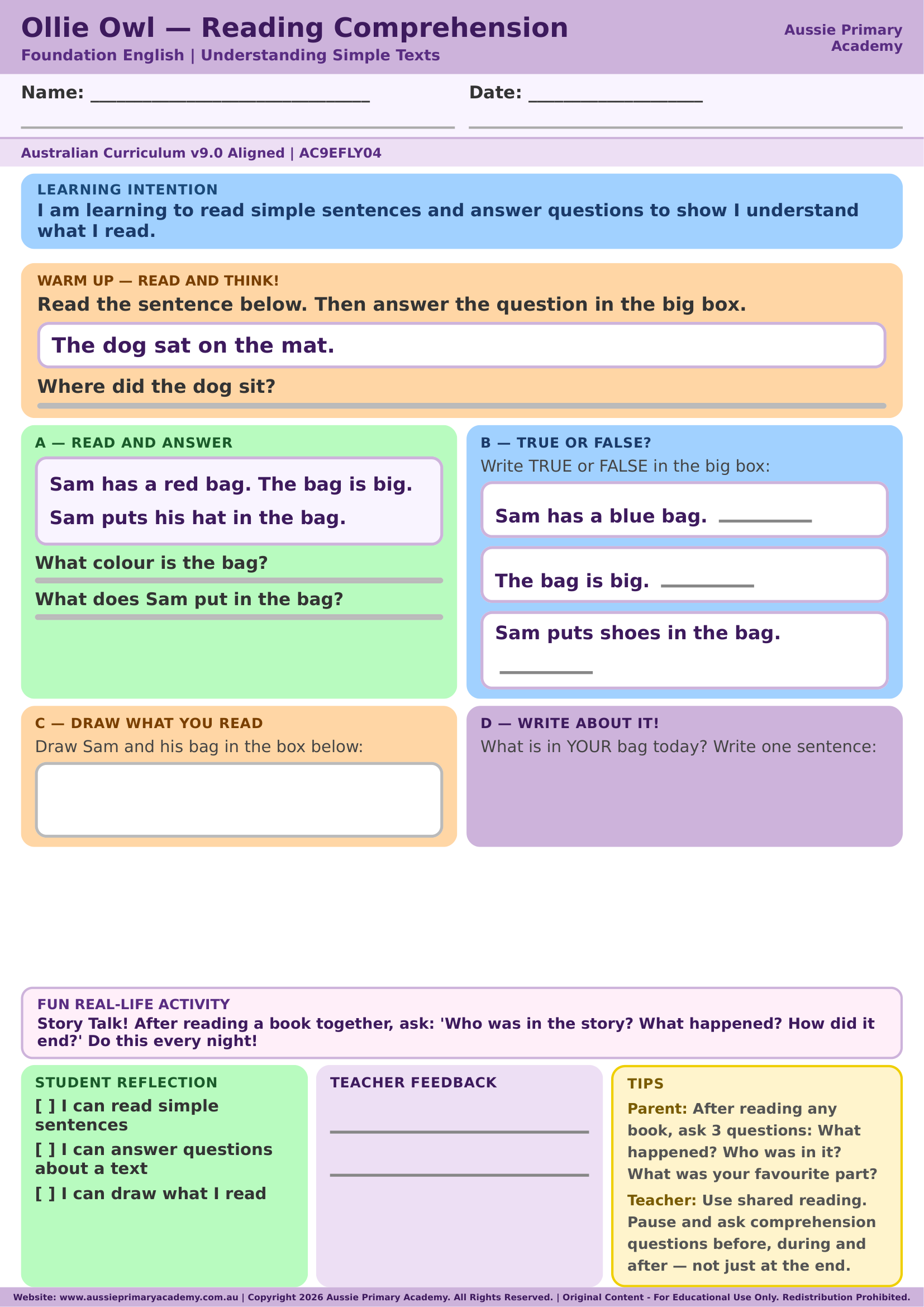Foundation English Reading Comprehension Simple Sentences Ac9Efly04 Colour worksheet preview
