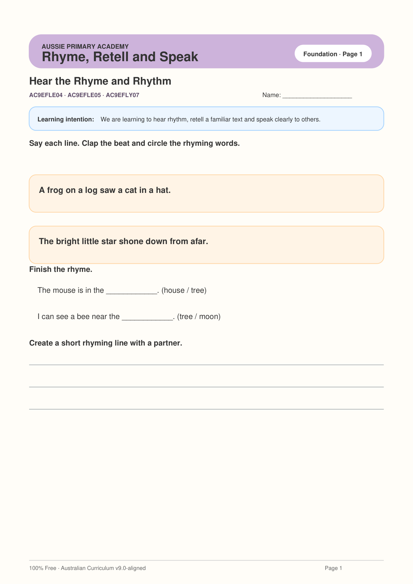 Foundation English Rhyme Retell And Speaking Ac9Efle04 Ac9Efle05 worksheet preview