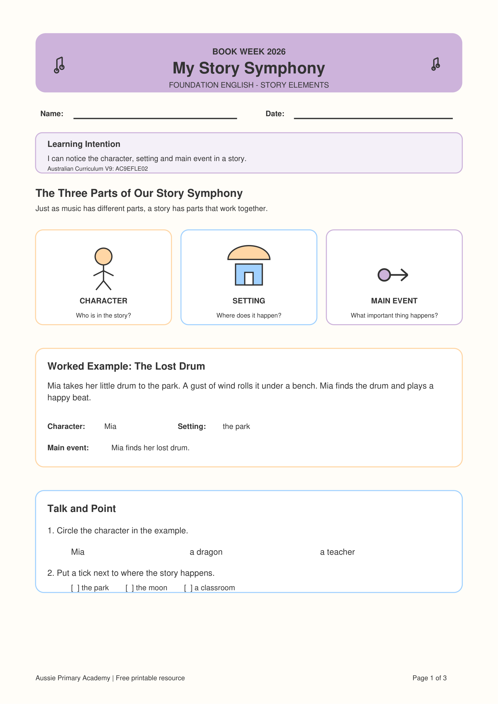 Foundation Story Elements worksheet preview showing character, setting and main event activities