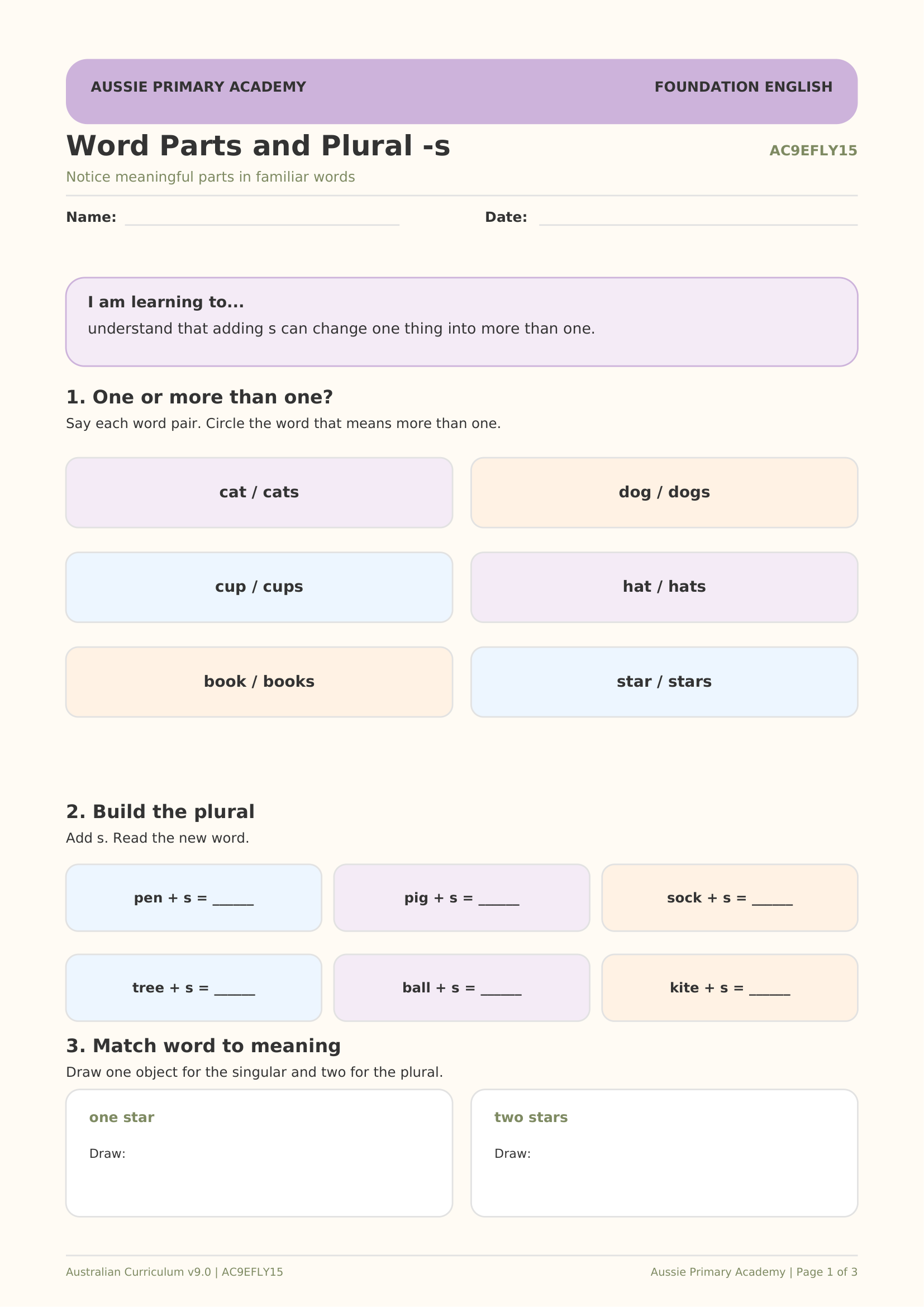 Foundation English Word Parts Plural S worksheet preview