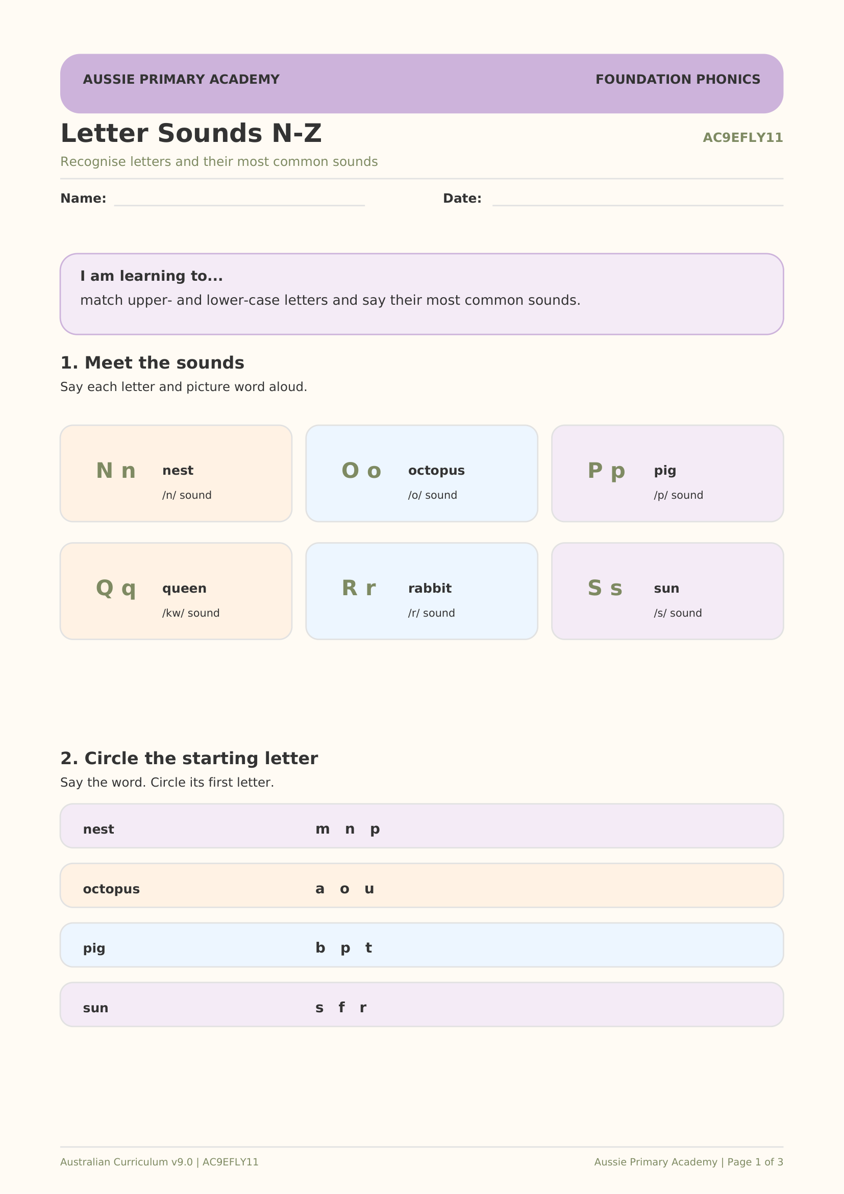 Foundation Phonics Letter Sounds N Z worksheet preview
