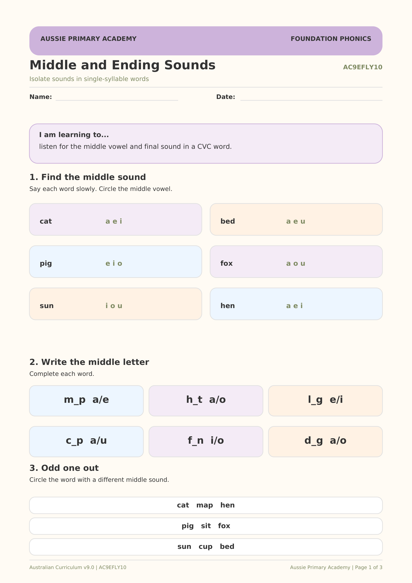 Foundation Phonics Middle Ending Sounds worksheet preview