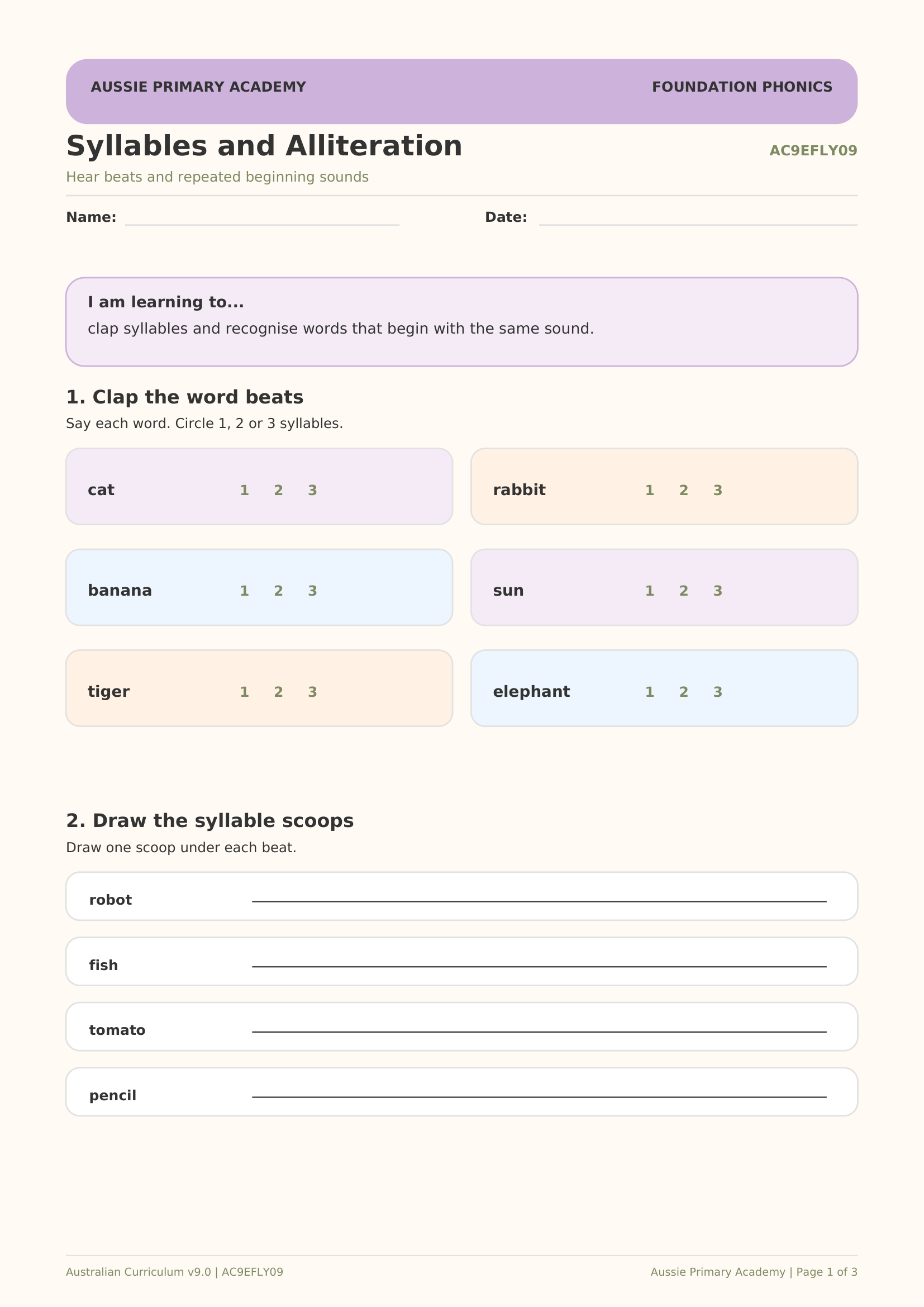 Foundation Phonics Syllables Alliteration worksheet preview