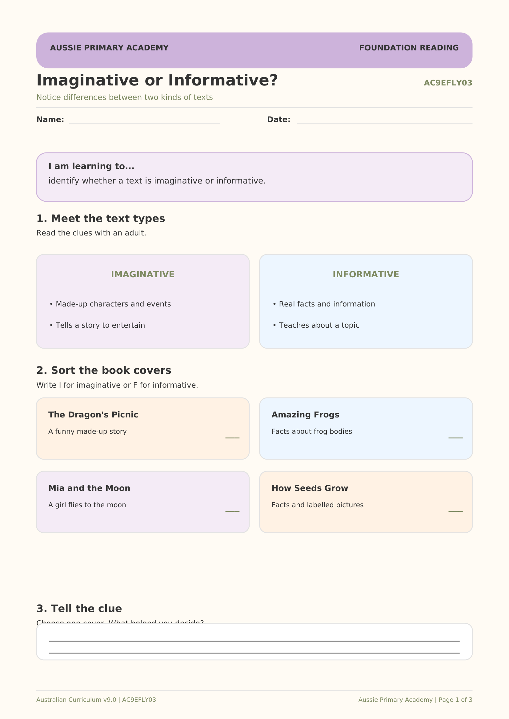 Foundation Reading Imaginative Informative Texts worksheet preview