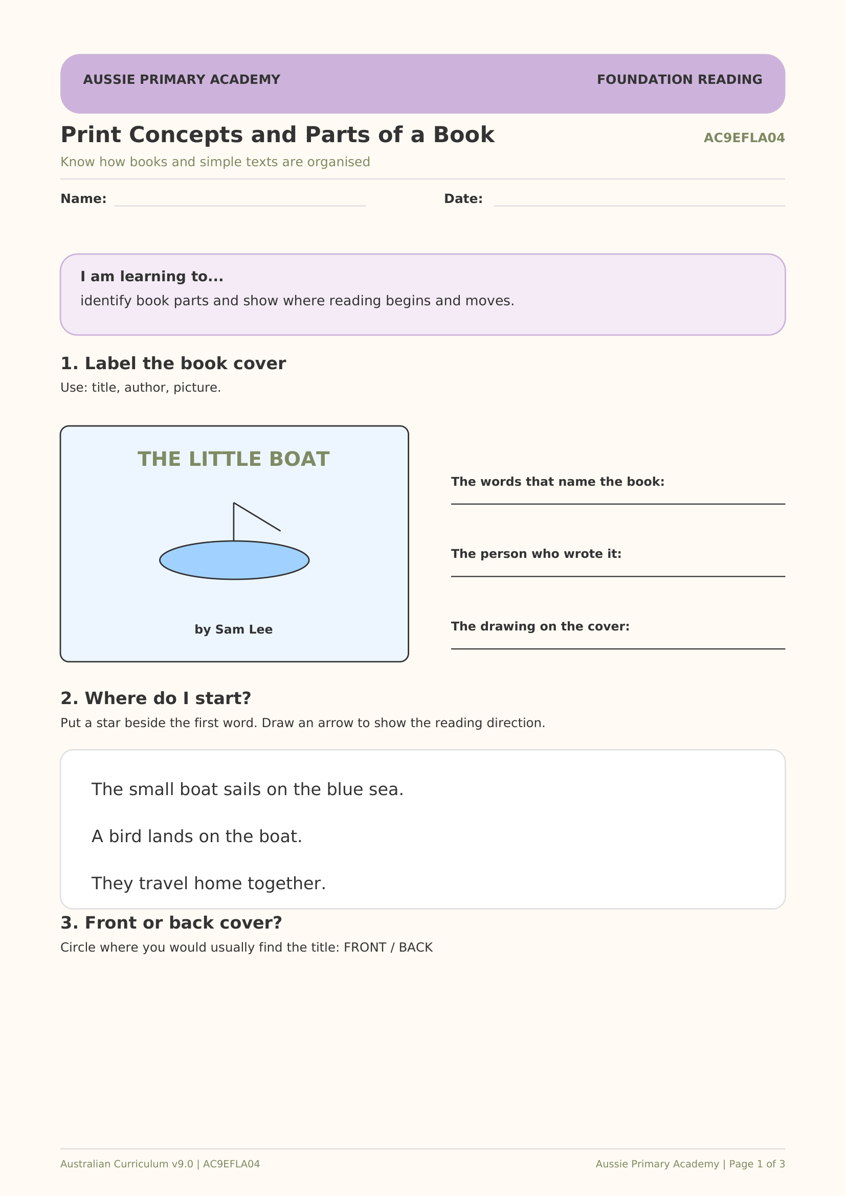 Foundation Reading Print Concepts Parts Of Book worksheet preview