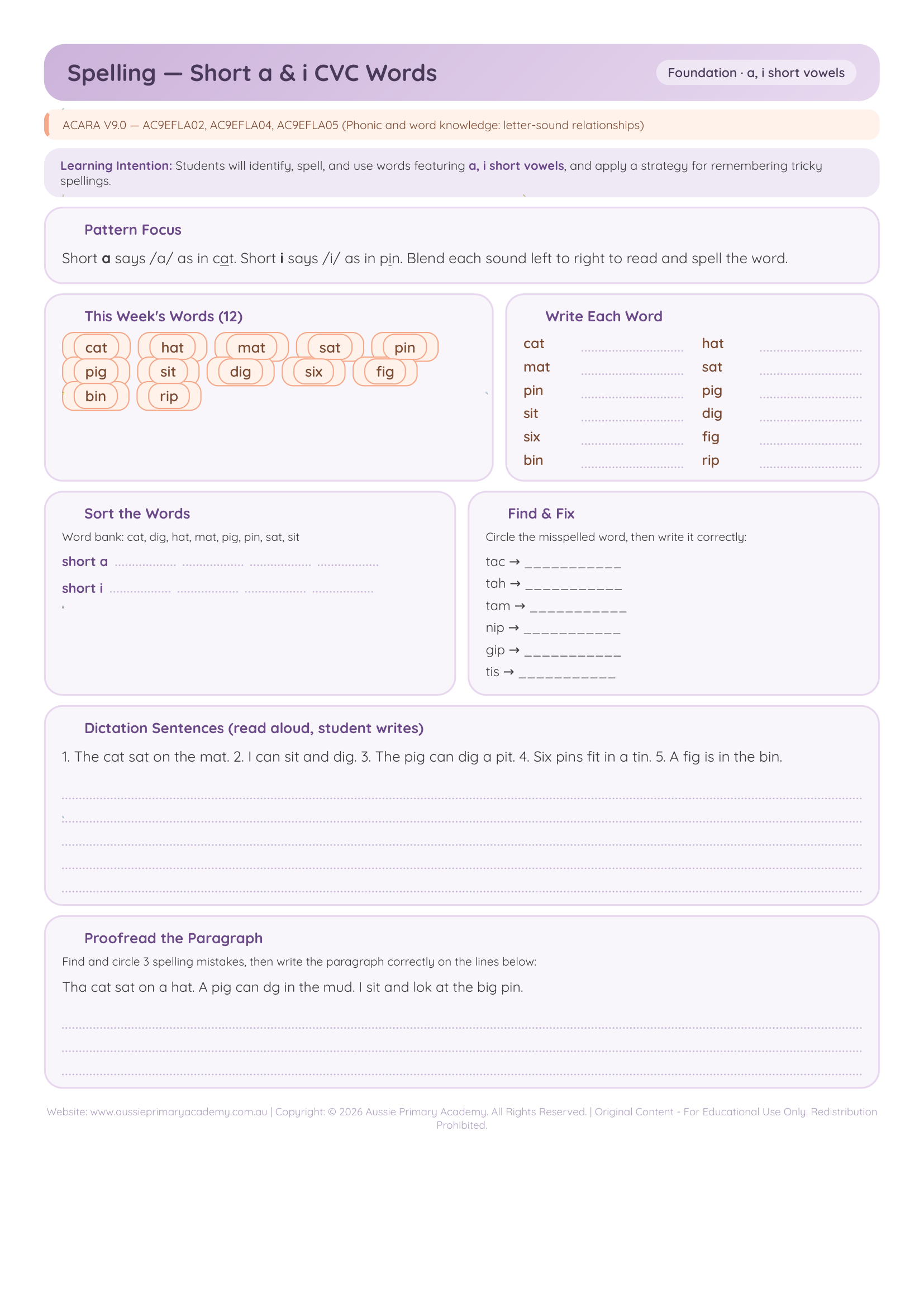 Foundation Spelling Short A I Cvc Words worksheet preview