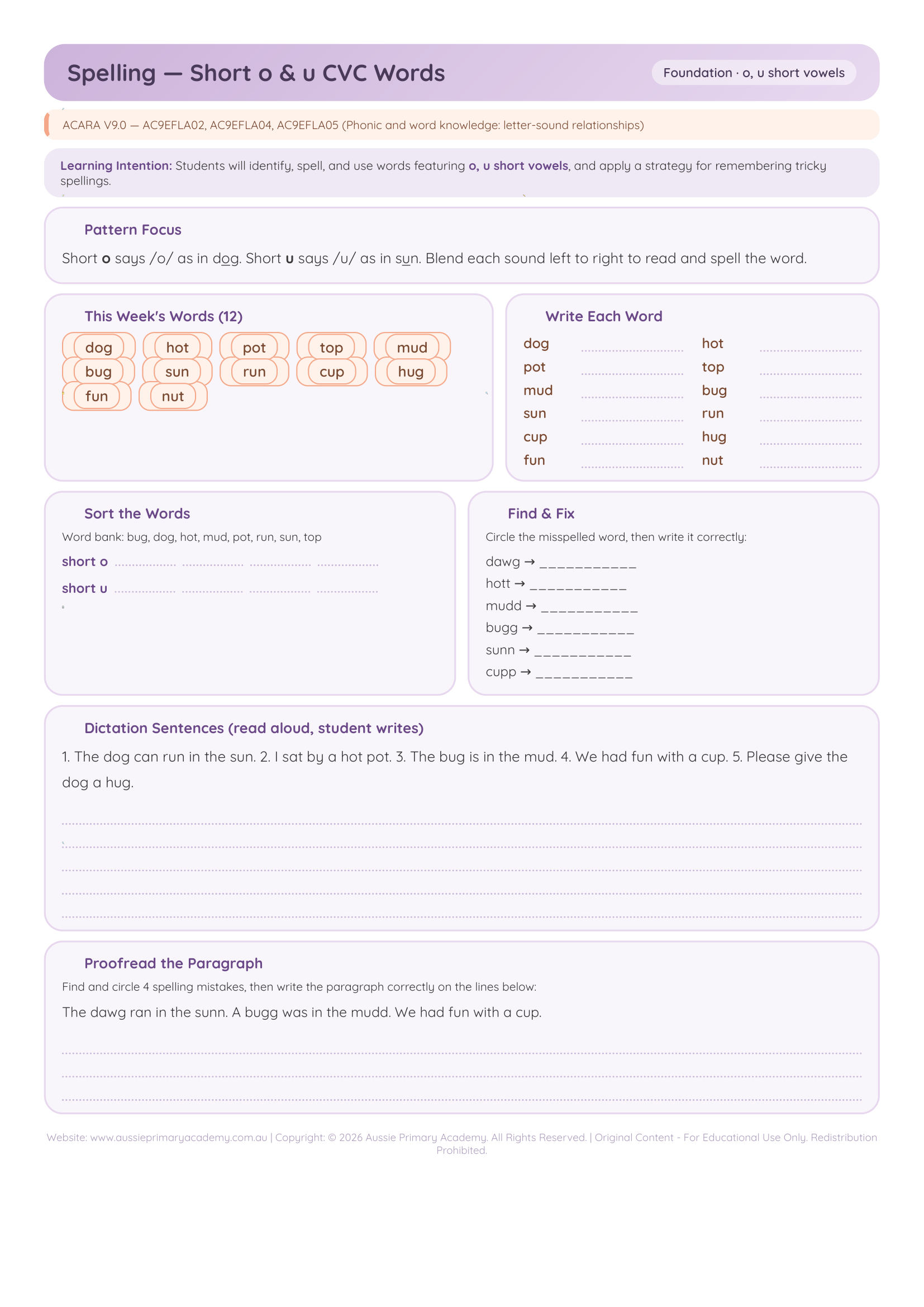 Foundation Spelling Short O U Cvc Words worksheet preview