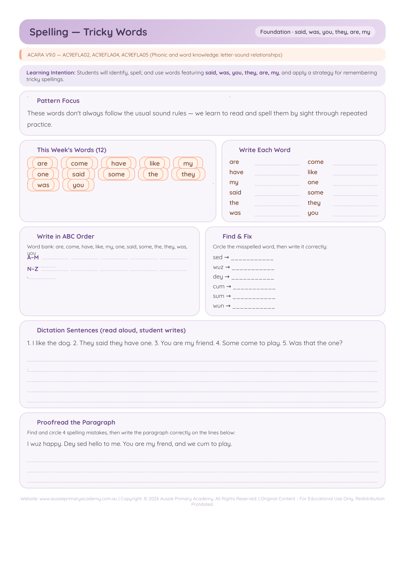 Foundation Spelling Tricky Words worksheet preview