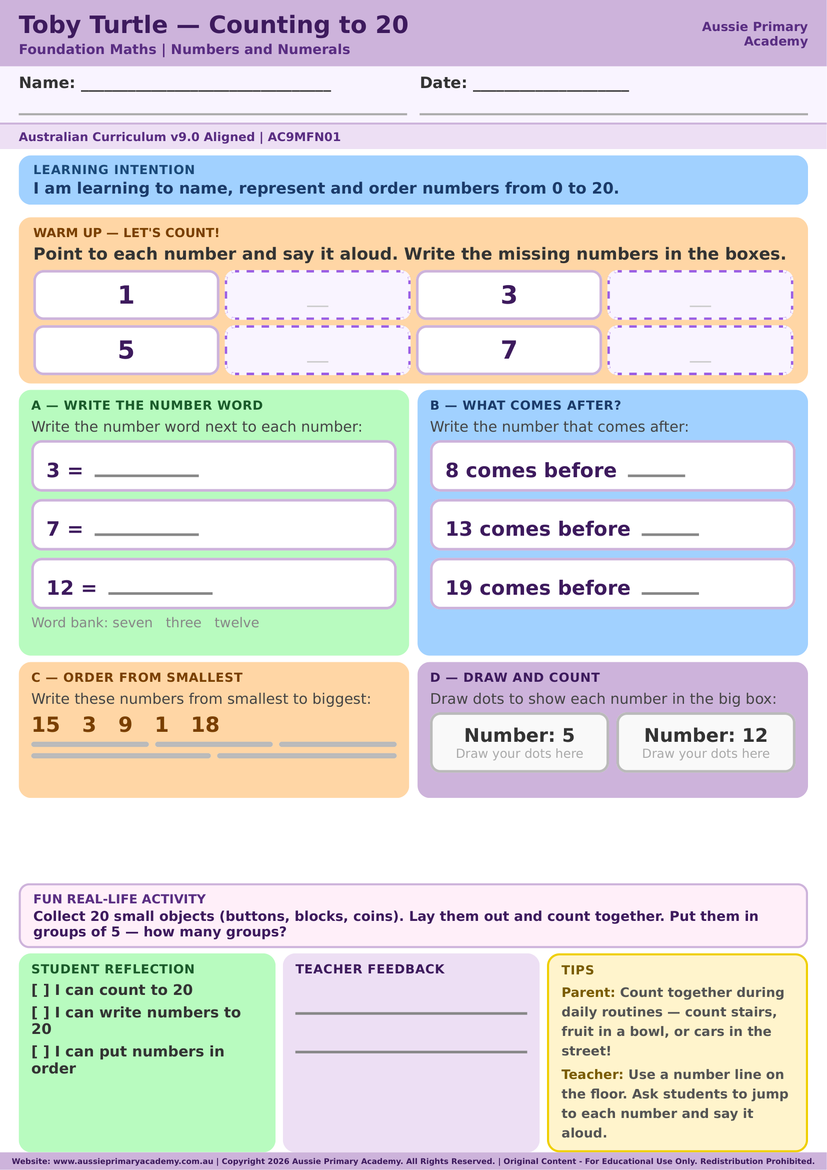 Foundation Maths Counting And Comparing Collections To 20 Ac9Mfn03 Colour worksheet preview