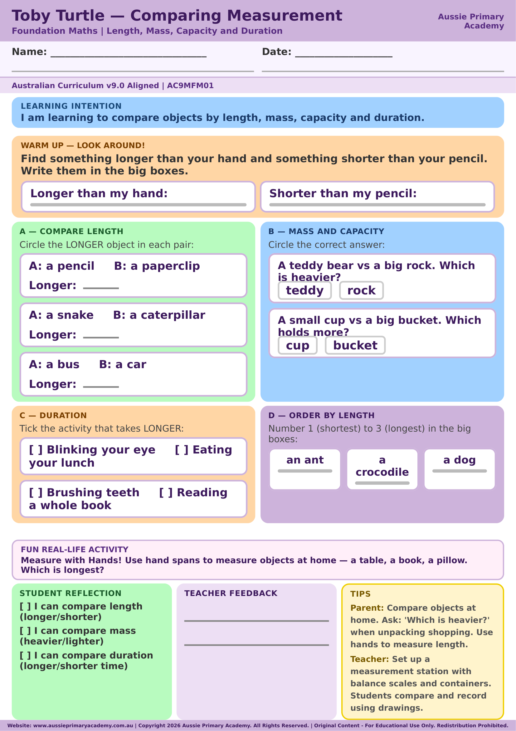 Foundation Maths Length Mass Capacity Duration Ac9Mfm01 Colour worksheet preview