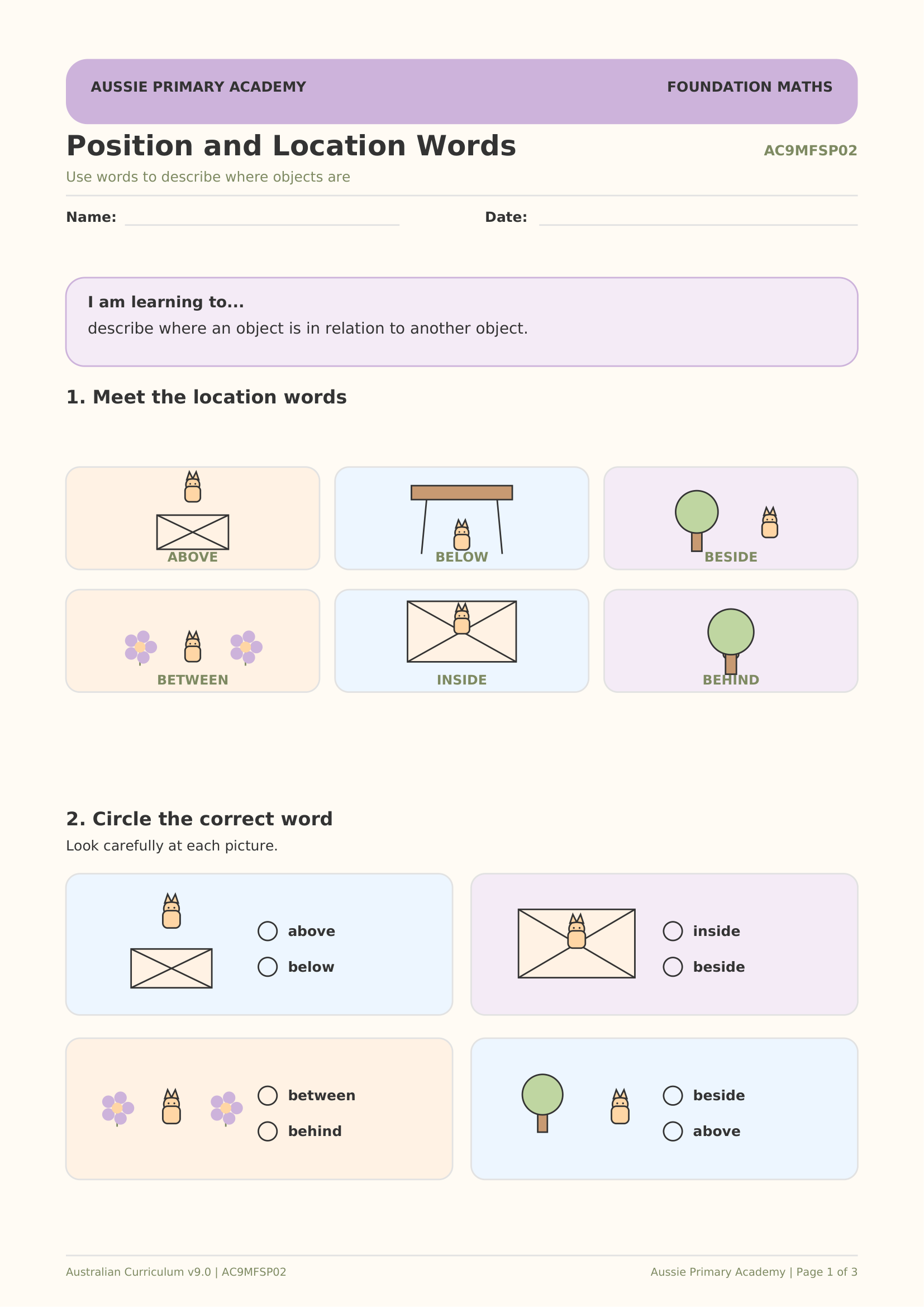 Foundation Maths Position Location Words worksheet preview