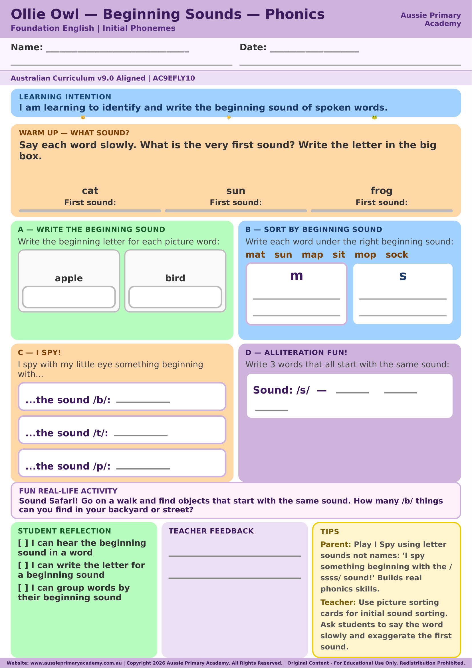 Foundation English Beginning Sounds Phonics Ac9Efly10 Colour worksheet preview
