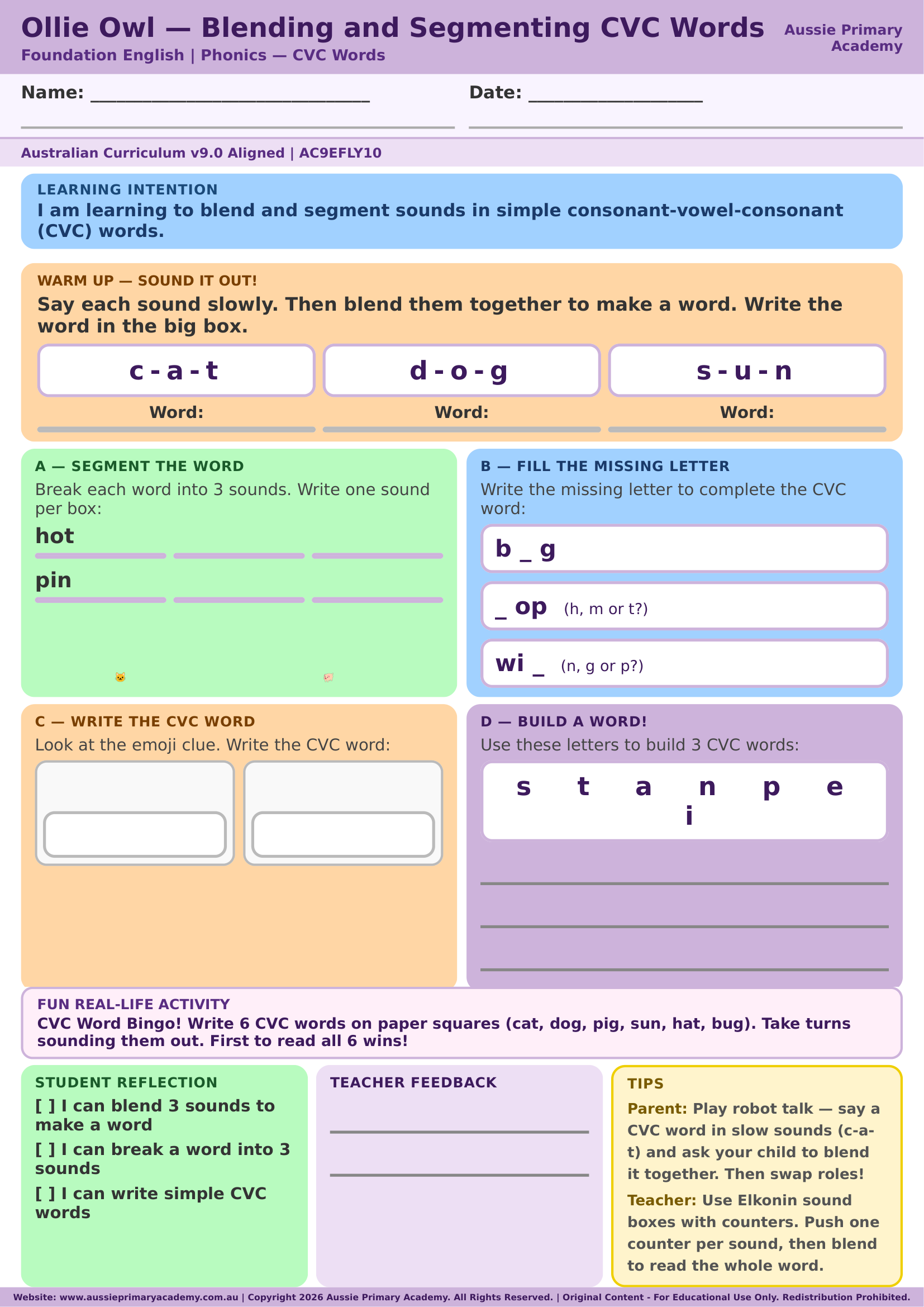 Foundation English Blending Segmenting Cvc Words Ac9Efly10 Colour worksheet preview