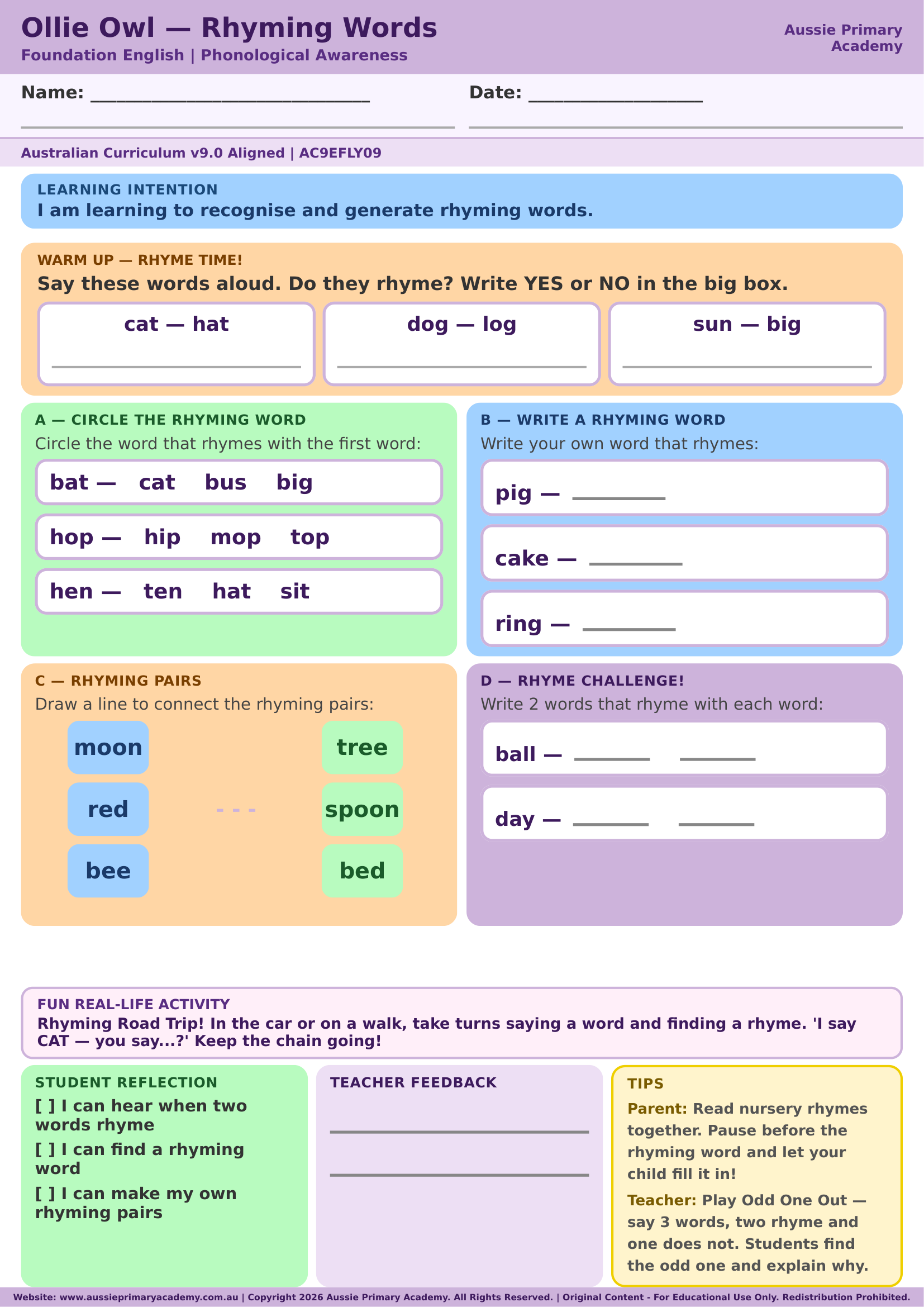 Foundation English Rhyming Words Phonological Awareness Ac9Efly09 Colour worksheet preview