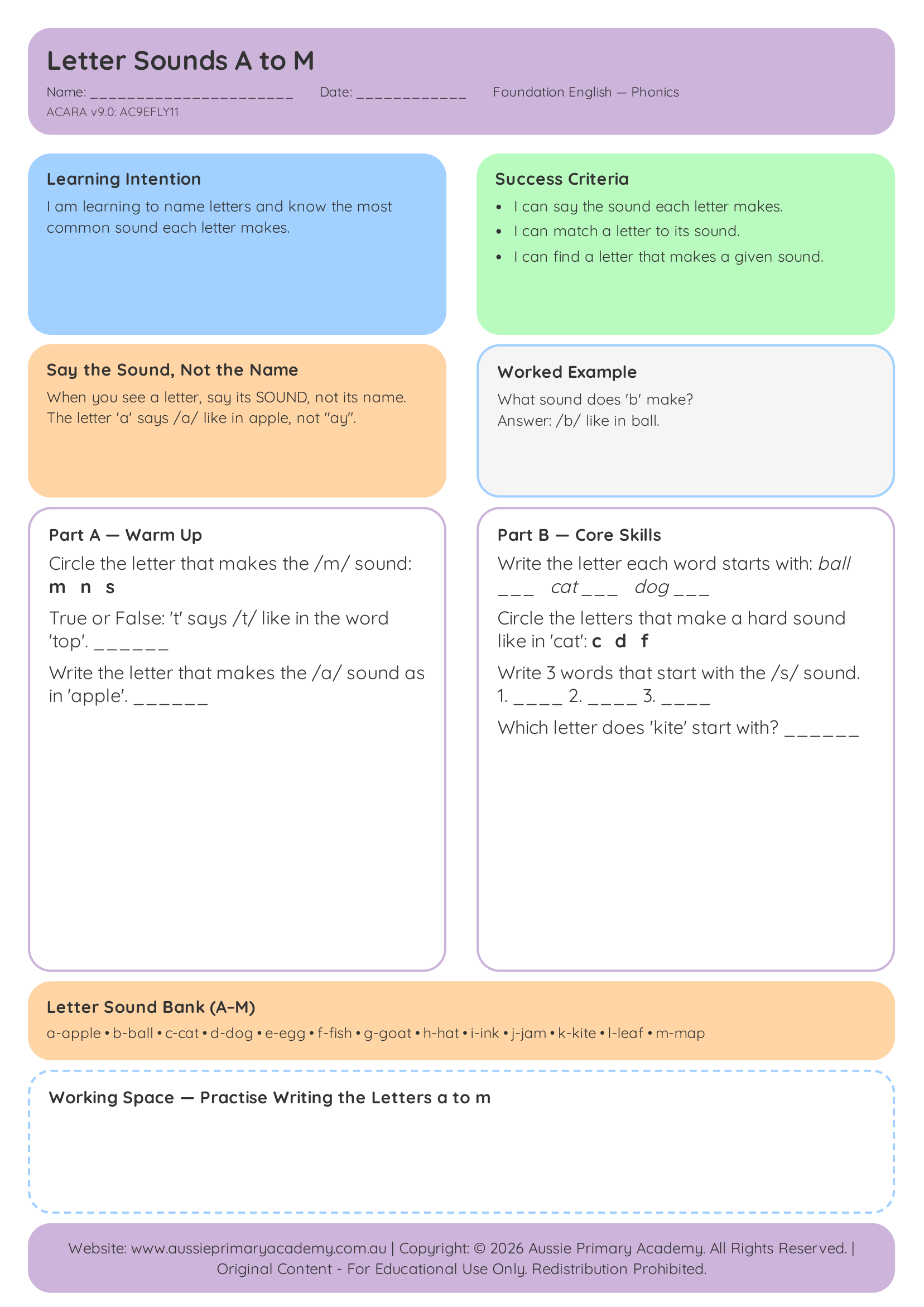 Foundation Phonics Letter Sounds A To M Ac9Efly11 Colour worksheet preview