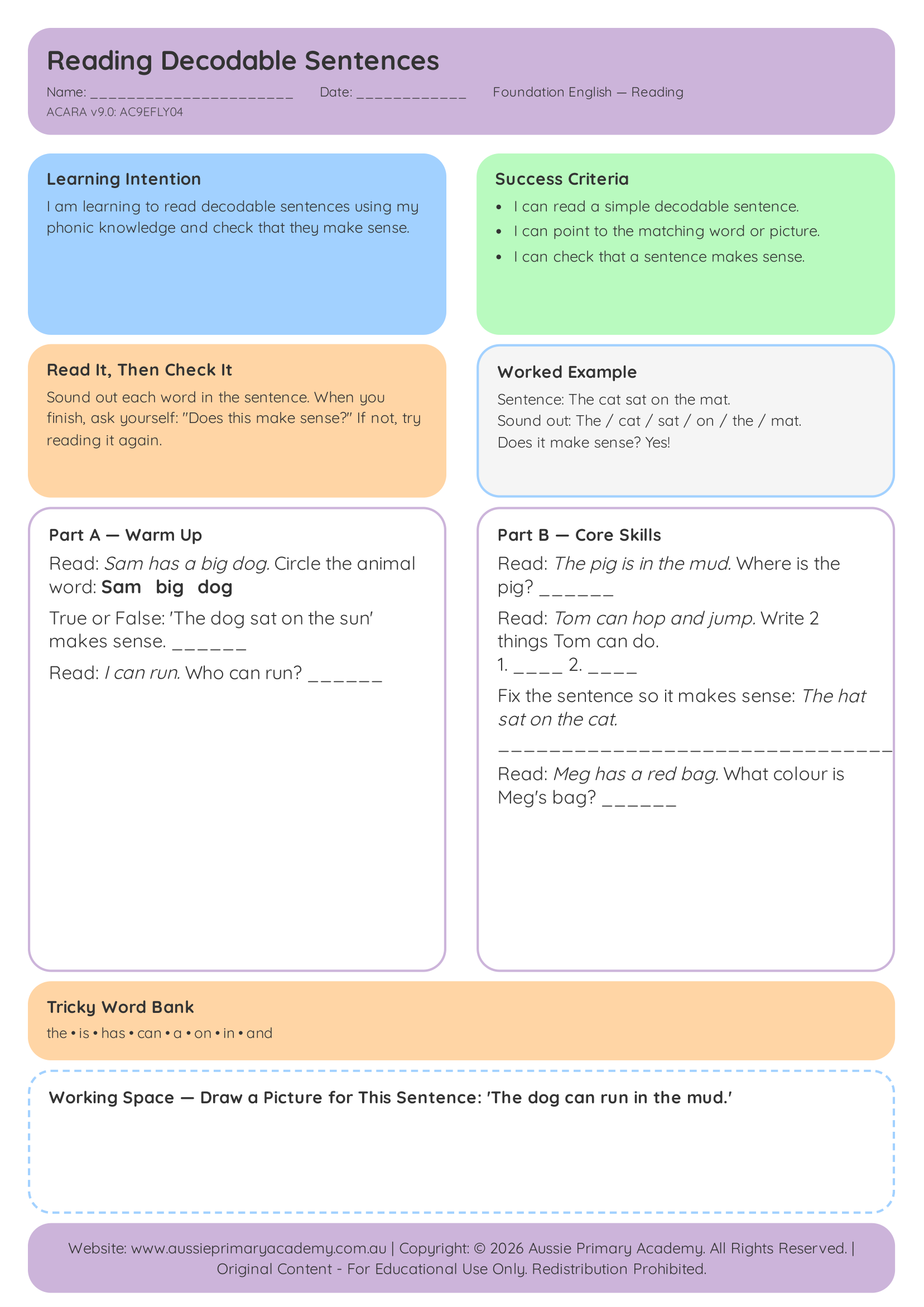 Foundation Reading Decodable Sentences Ac9Efly04 Colour worksheet preview