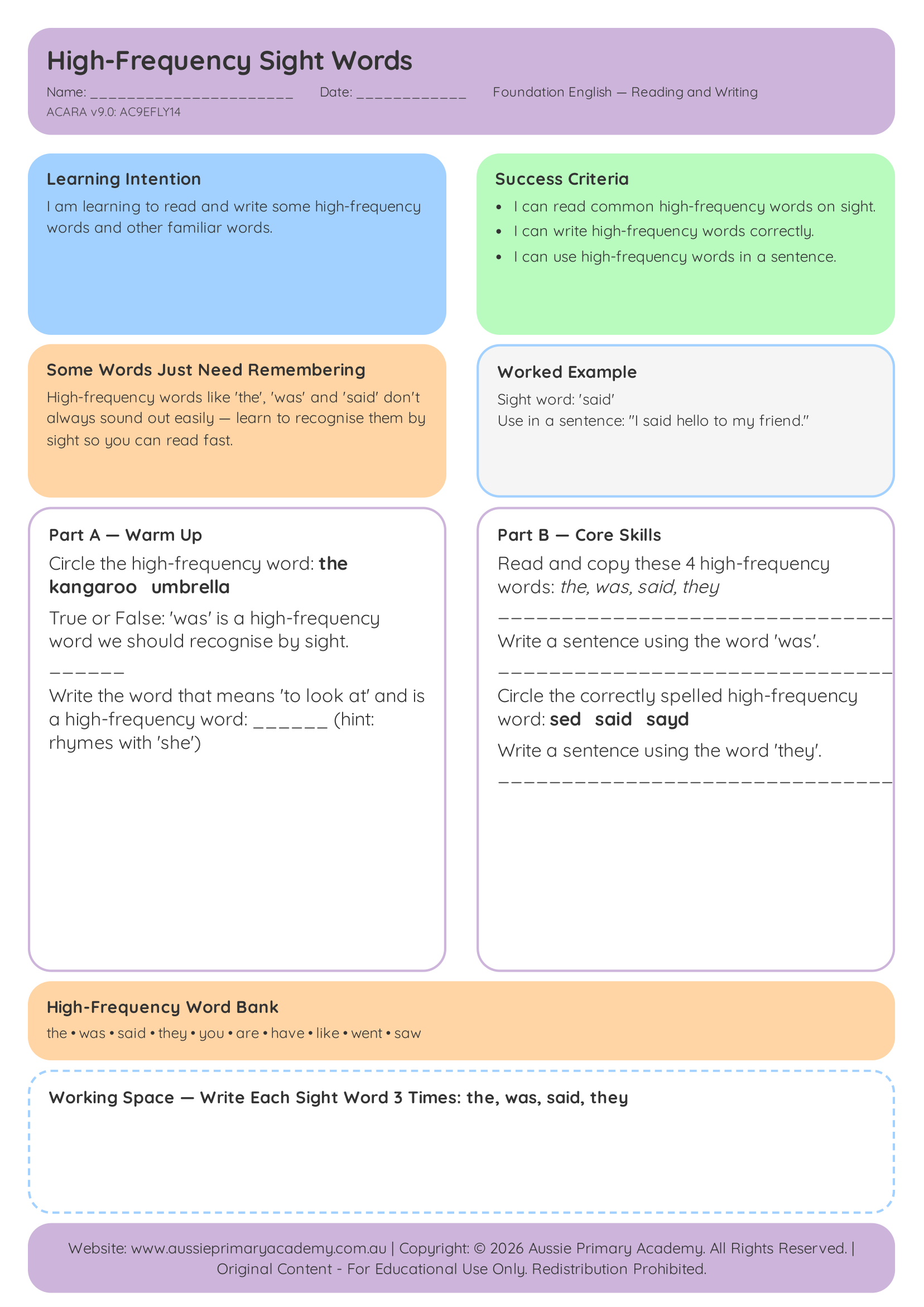 Foundation Reading High Frequency Sight Words Ac9Efly14 Colour worksheet preview