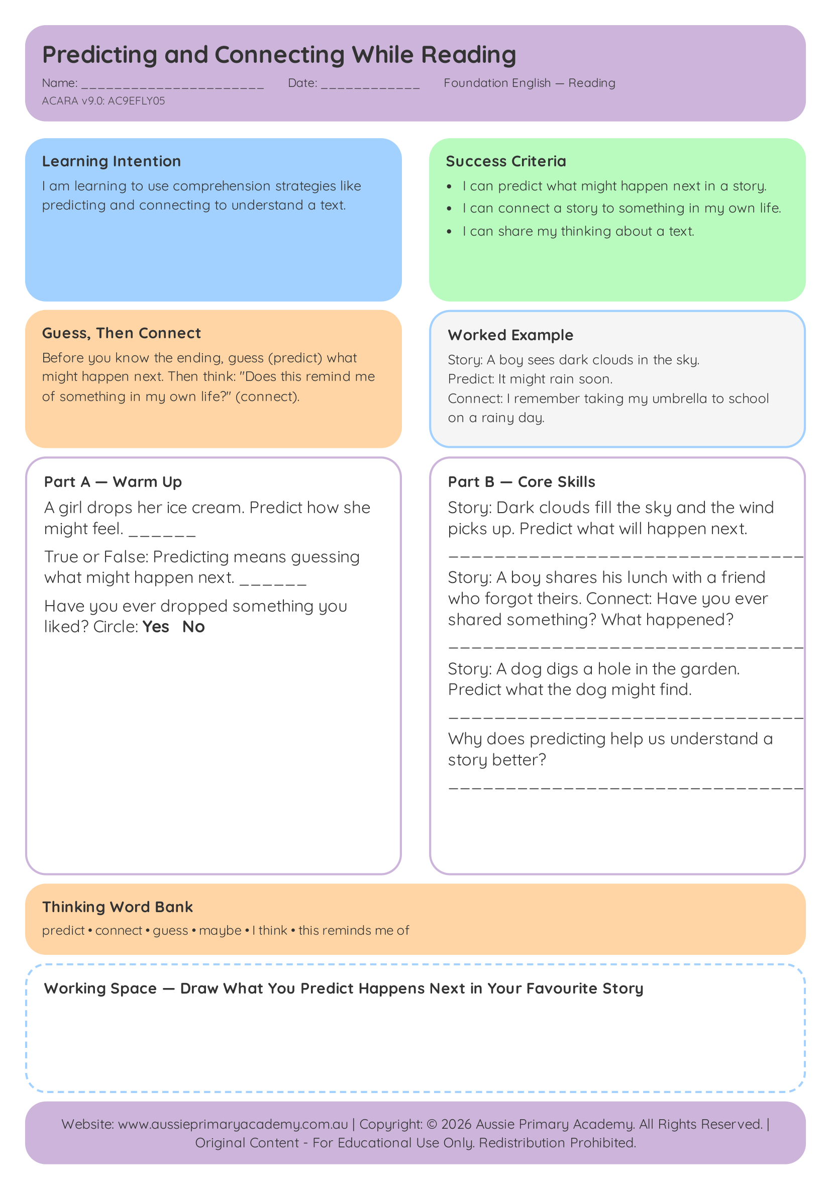 Foundation Reading Predicting And Connecting Ac9Efly05 Colour worksheet preview