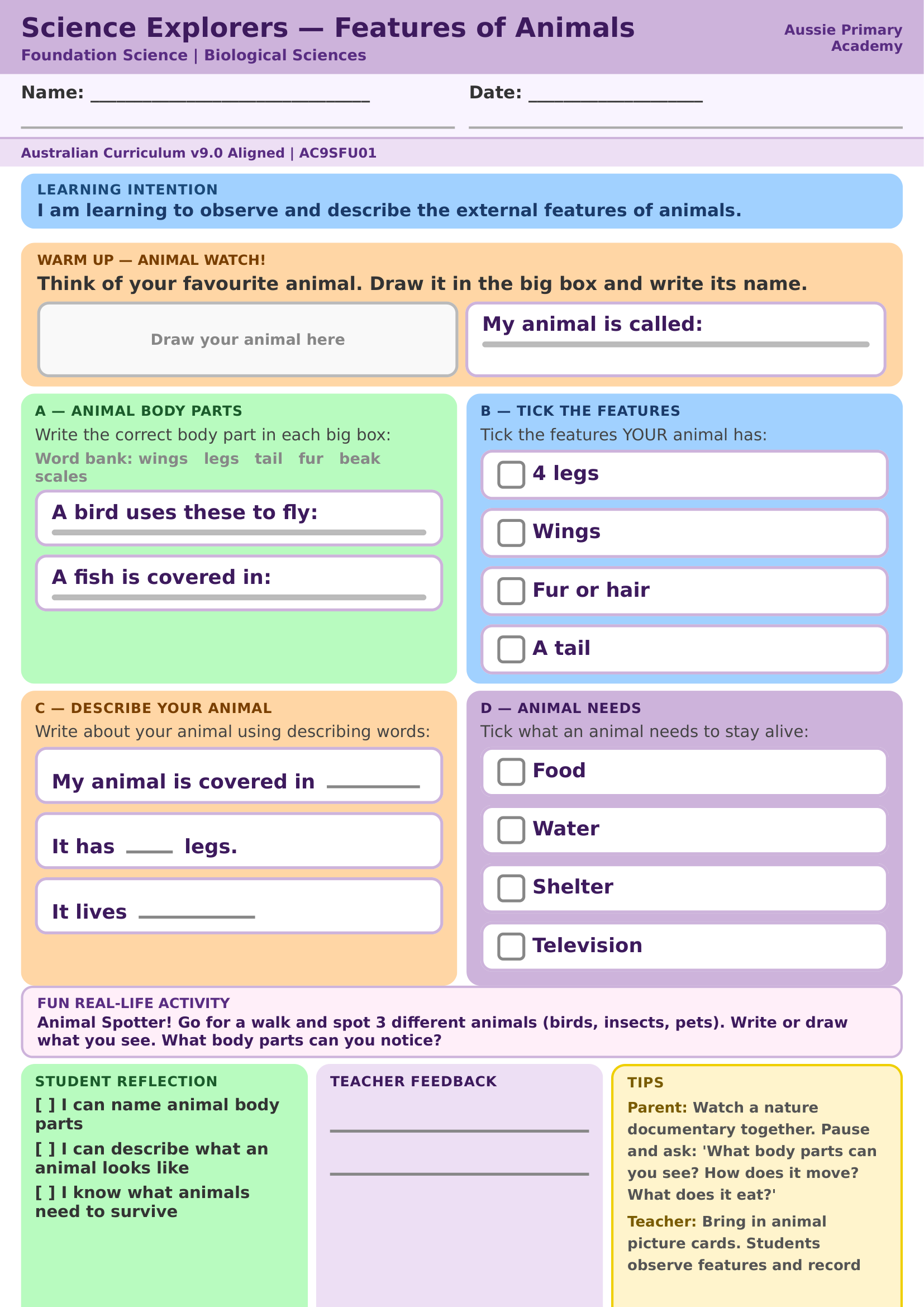 Foundation Science Features Of Animals Ac9Sfu01 Colour worksheet preview
