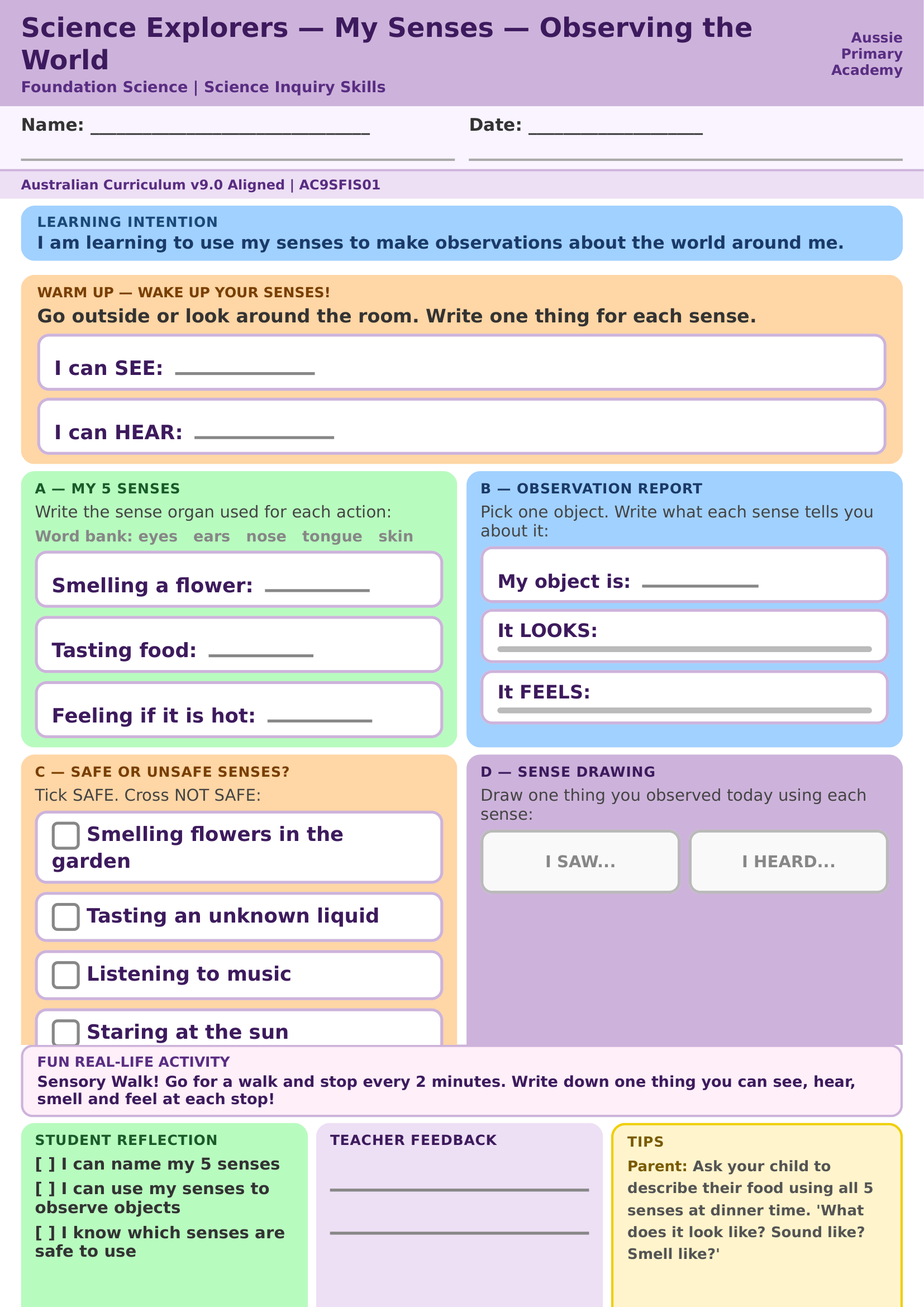 Foundation Science My Senses Observing The World Ac9Sfis01 Colour worksheet preview