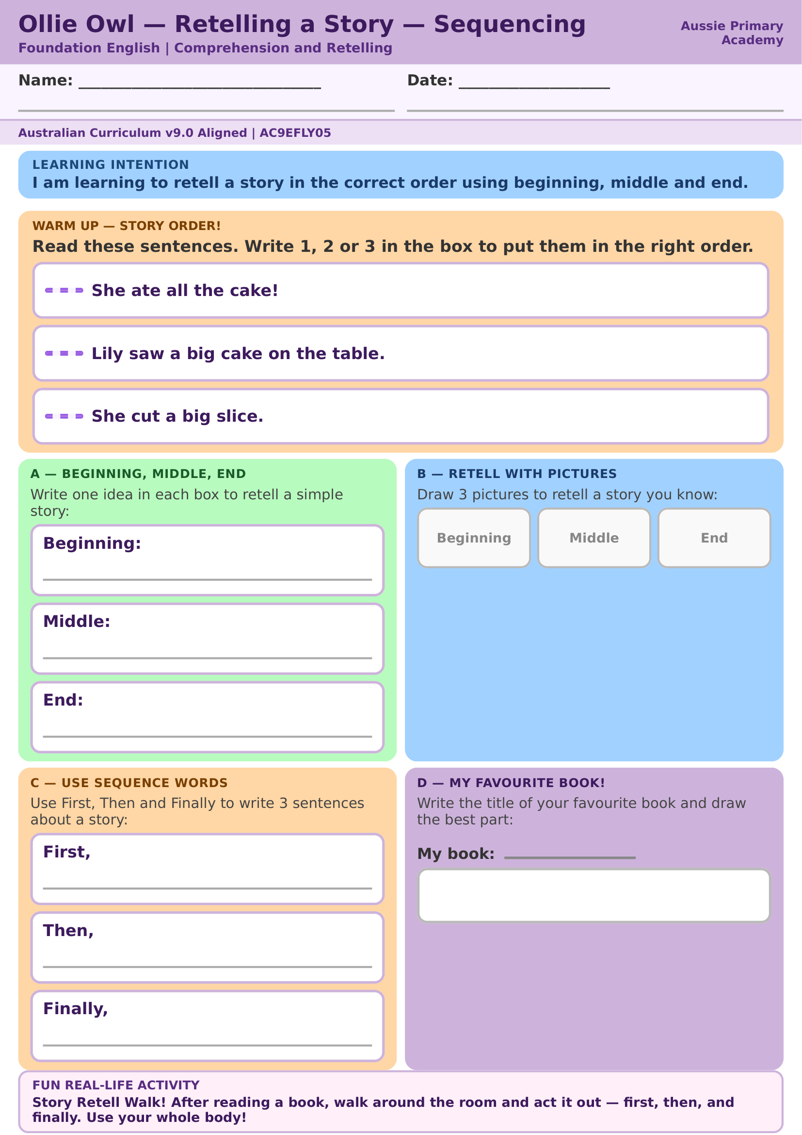 Foundation English Retelling Story Sequencing Ac9Efly05 Colour worksheet preview