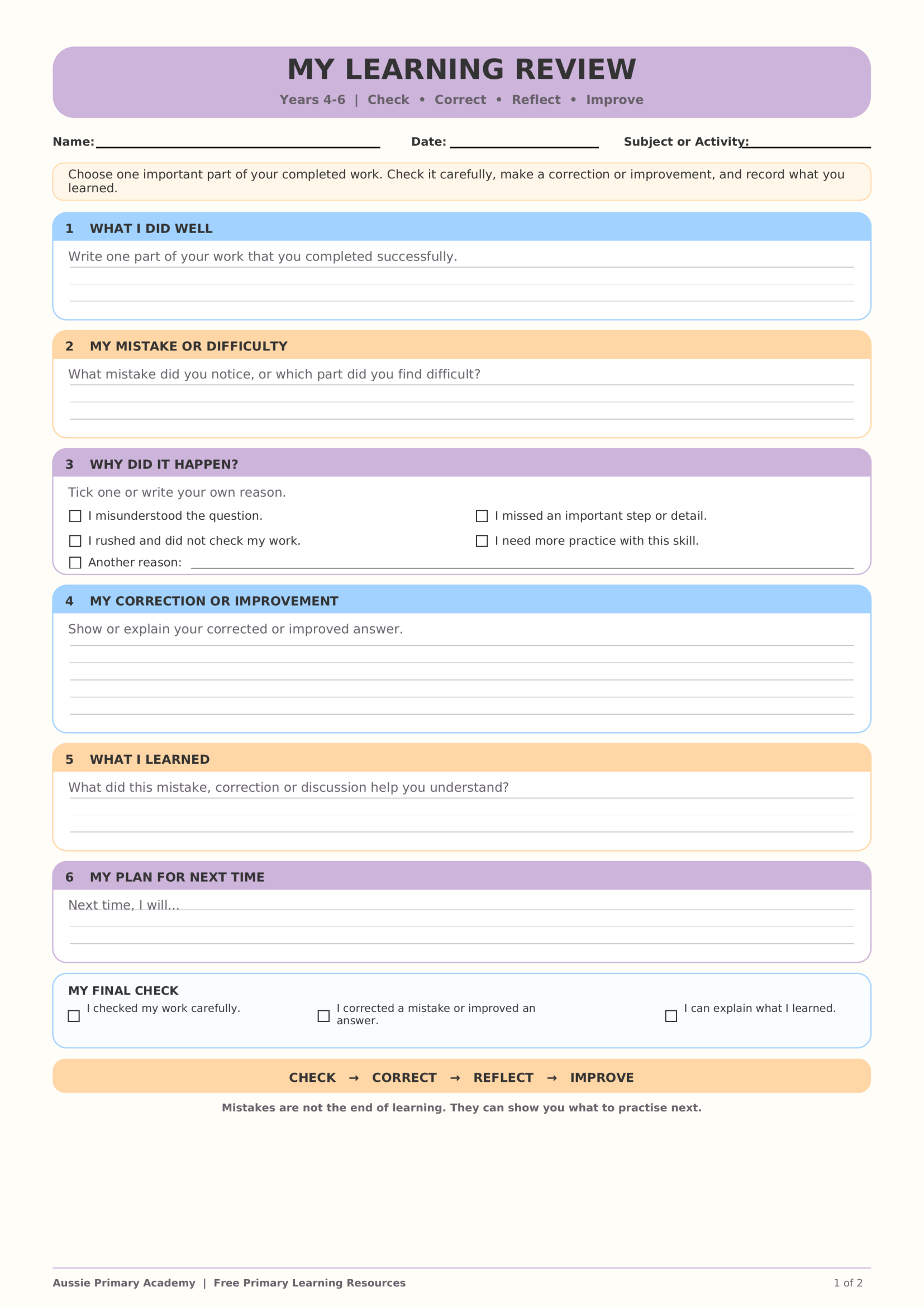 My Learning Review And Rubric Years 4 6 worksheet preview