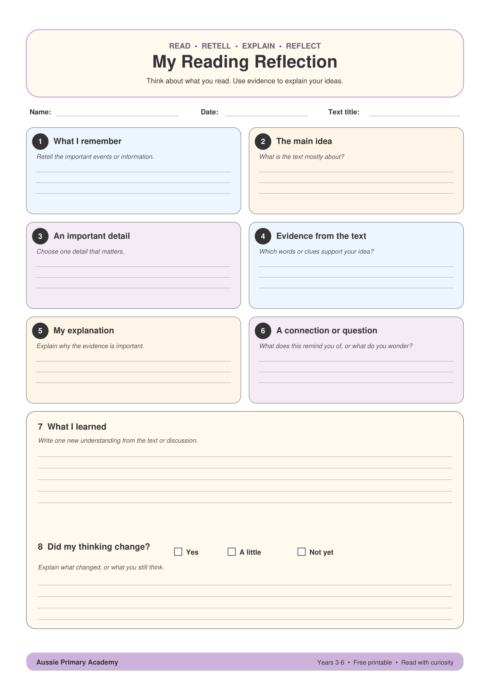 Reading Reflection Sheet Years 3 6 worksheet preview