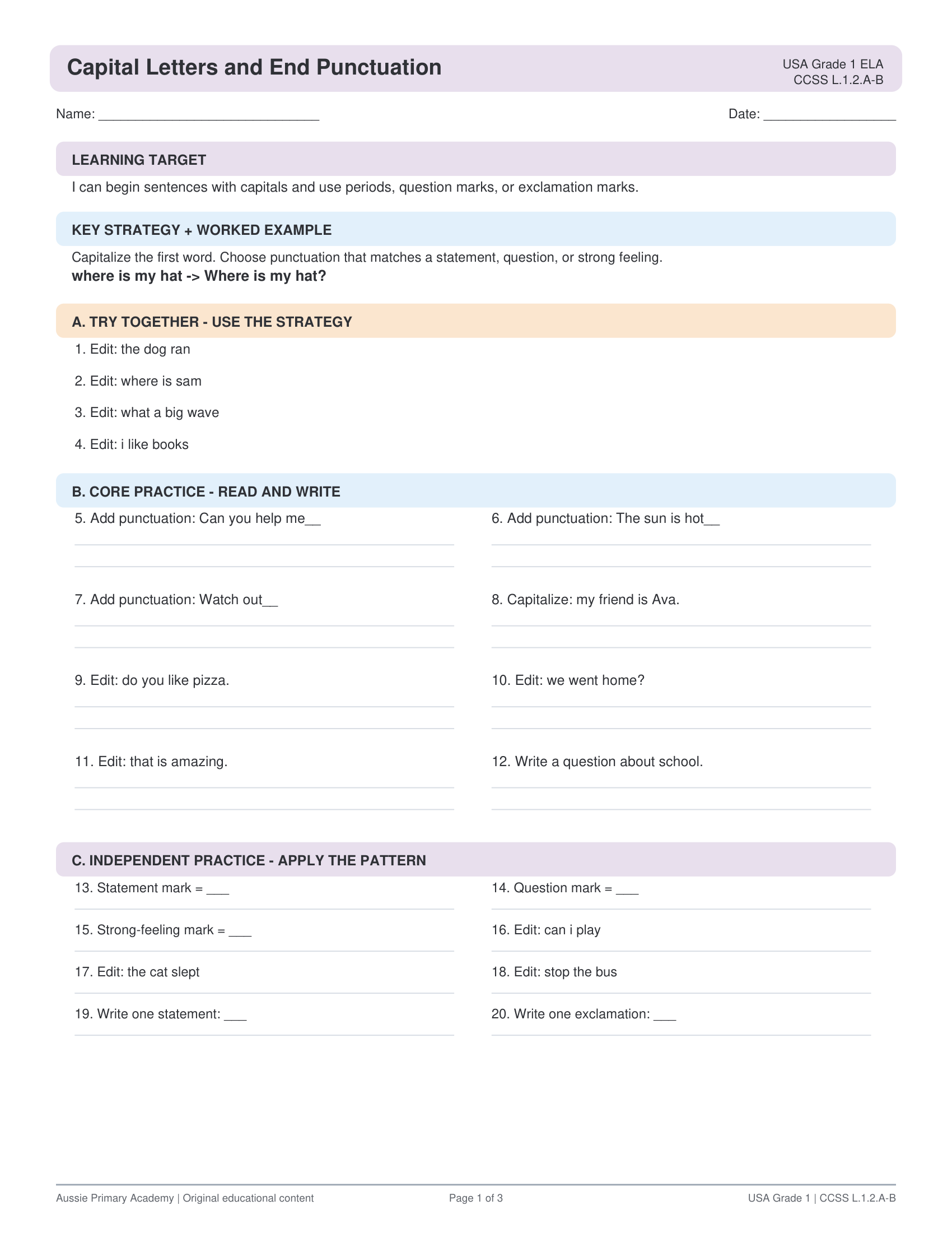 Capitalization End Punctuation worksheet preview