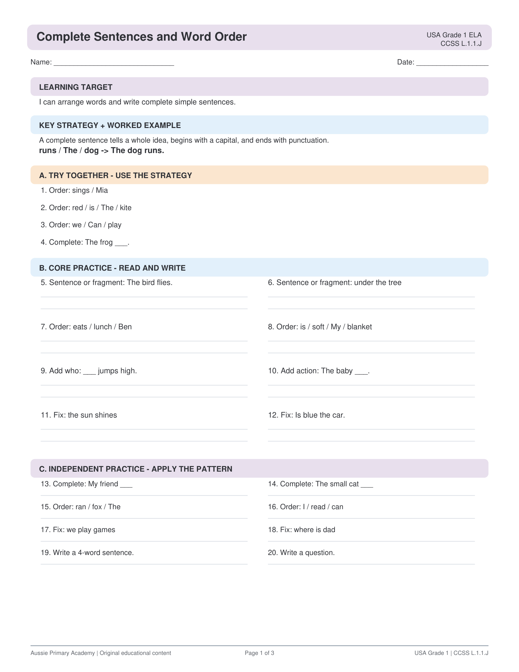 Complete Sentences Word Order worksheet preview