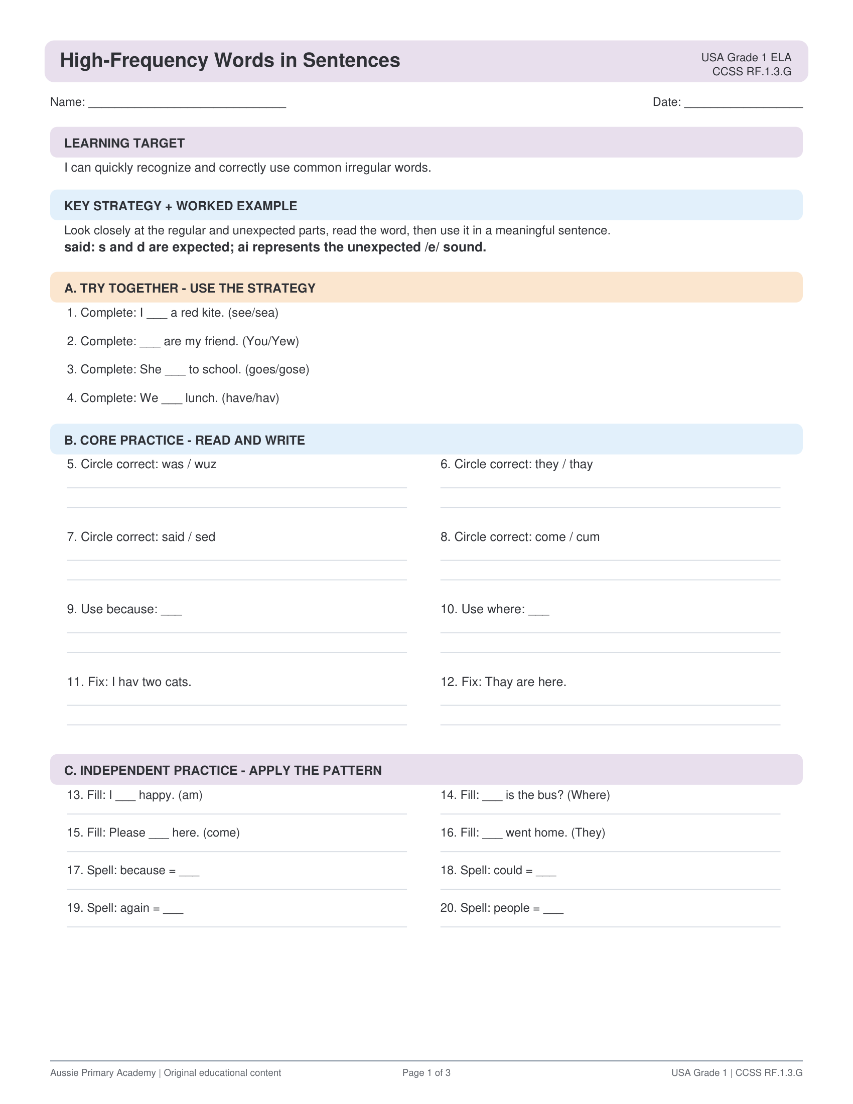 High Frequency Sight Words worksheet preview