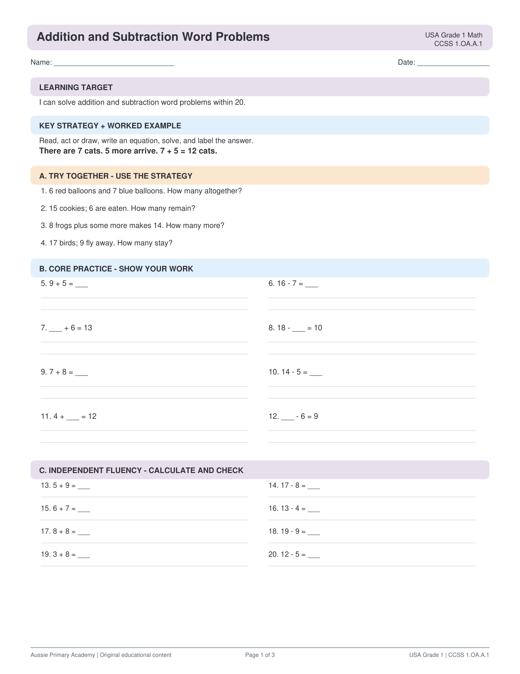 Addition Subtraction Word Problems Within 20 worksheet preview