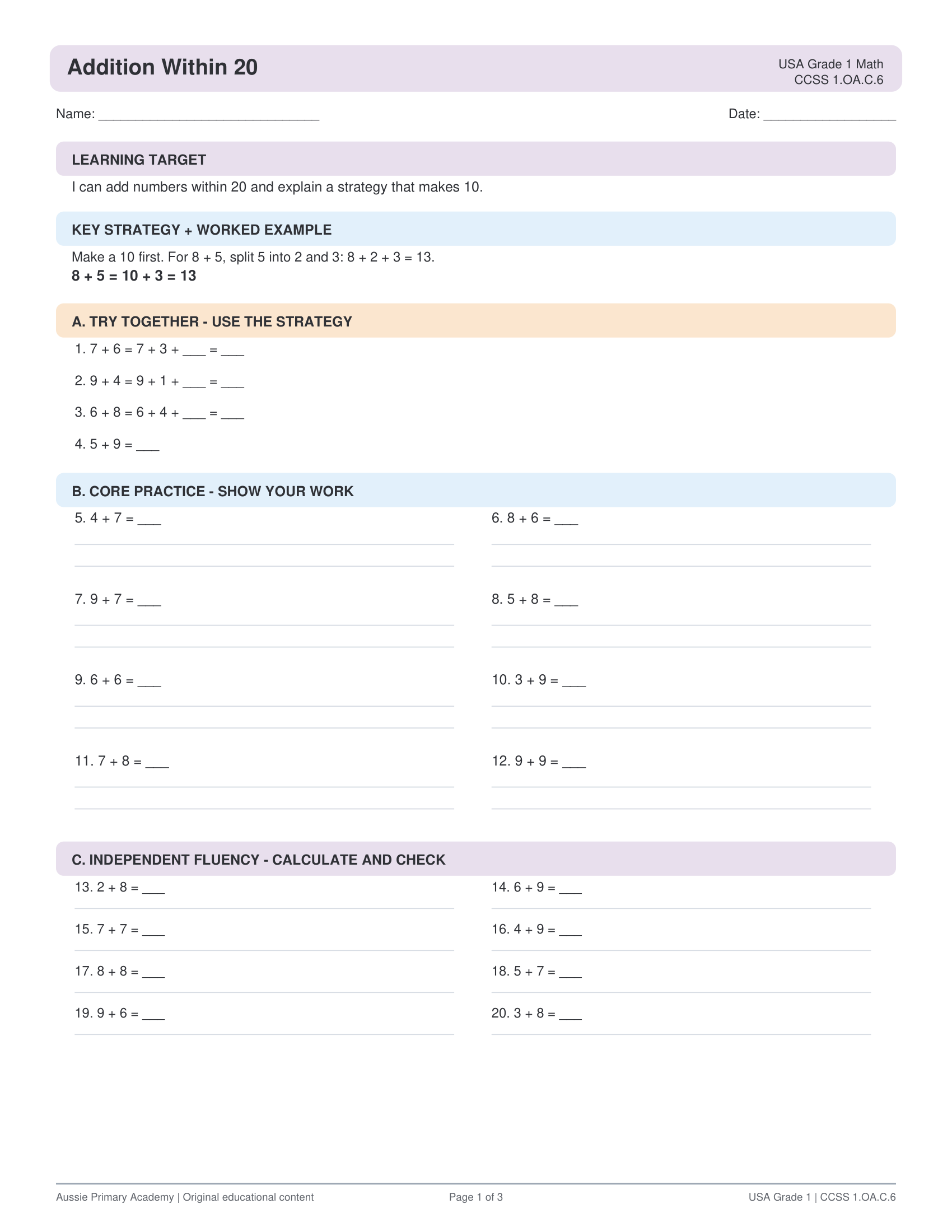 Grade 1 Addition Within 20 preview