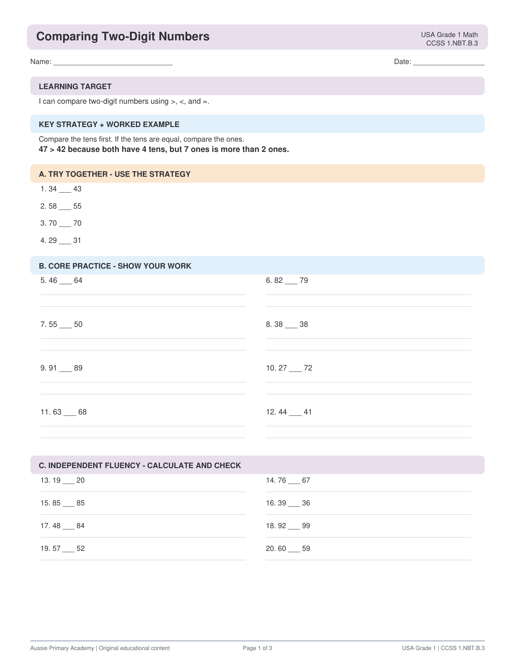 Comparing Two Digit Numbers worksheet preview