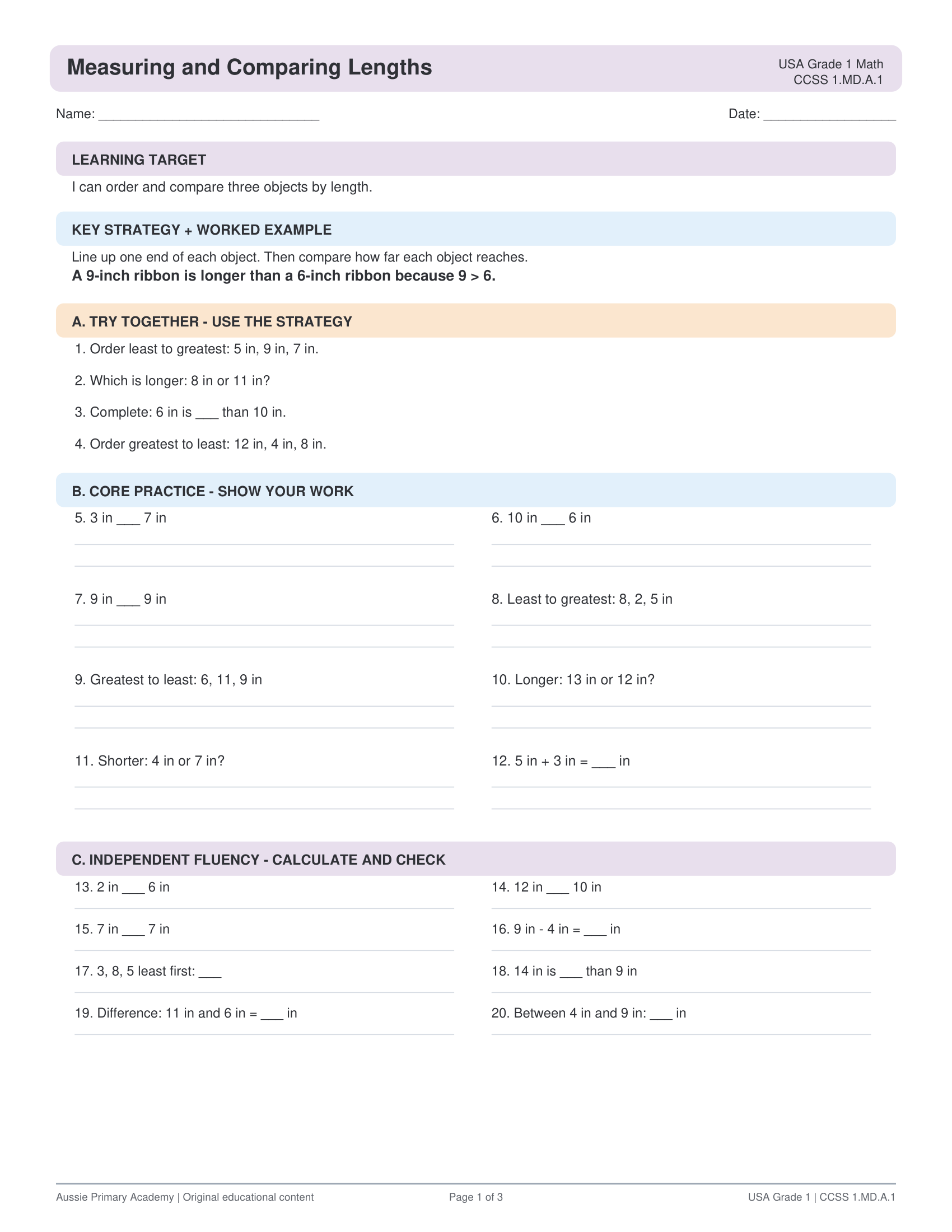 Grade 1 Measuring and Comparing Lengths preview