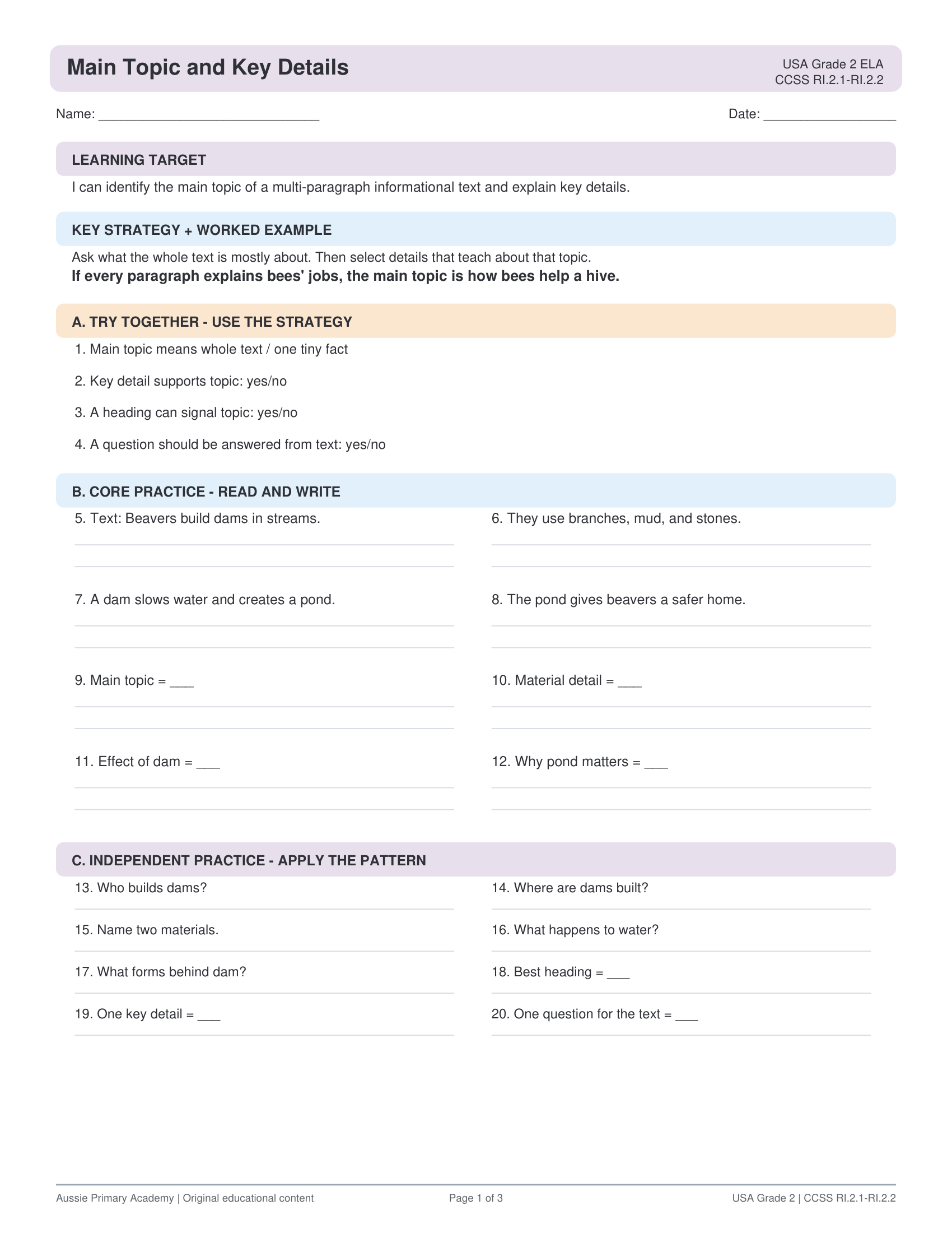 Grade 2 Informational Text Main Topic and Key Details preview