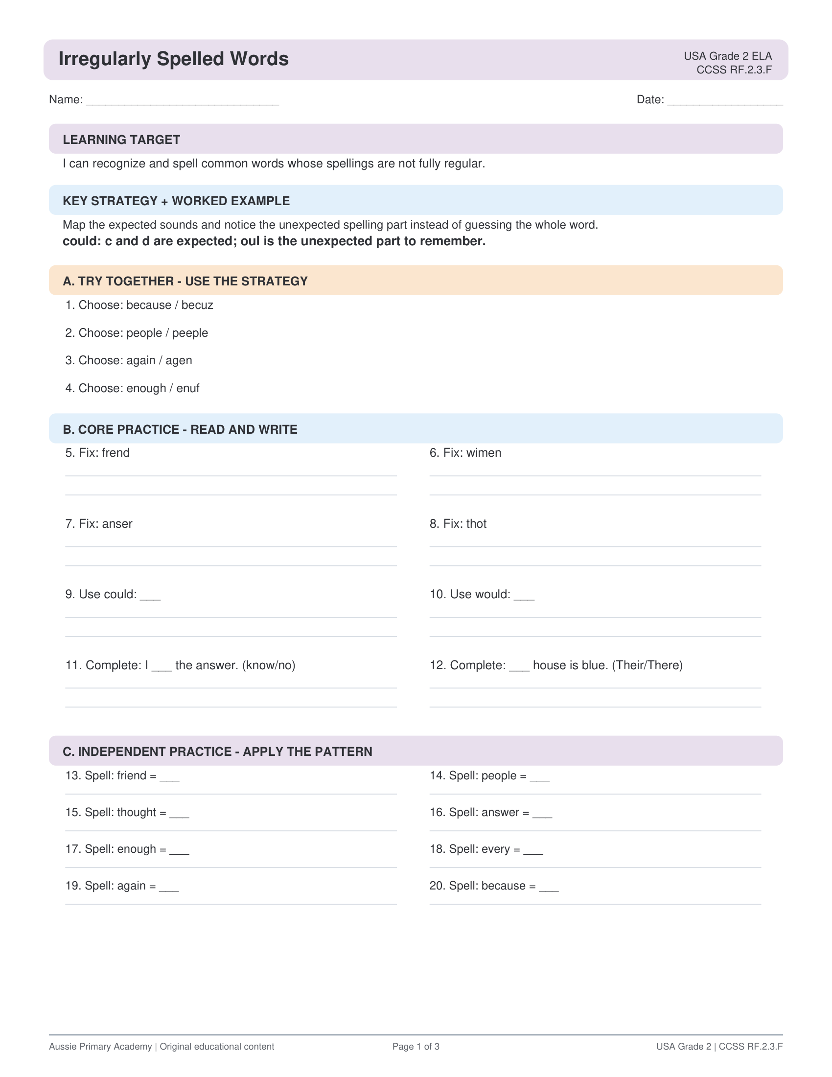 Grade 2 Irregular High-Frequency Words preview