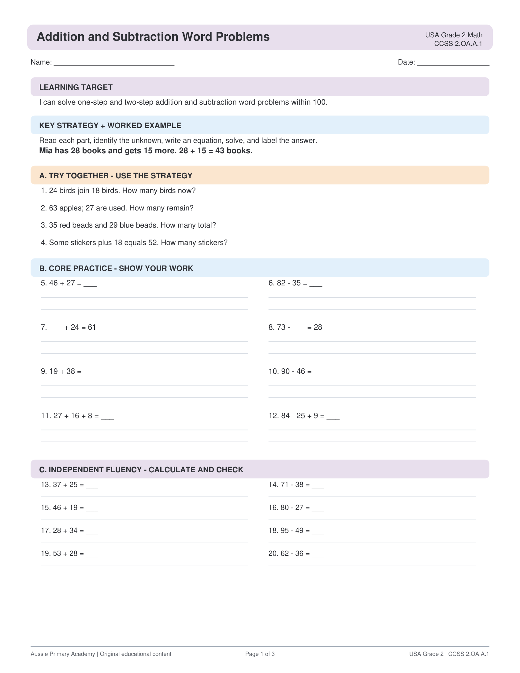 Addition Subtraction Word Problems Within 100 worksheet preview