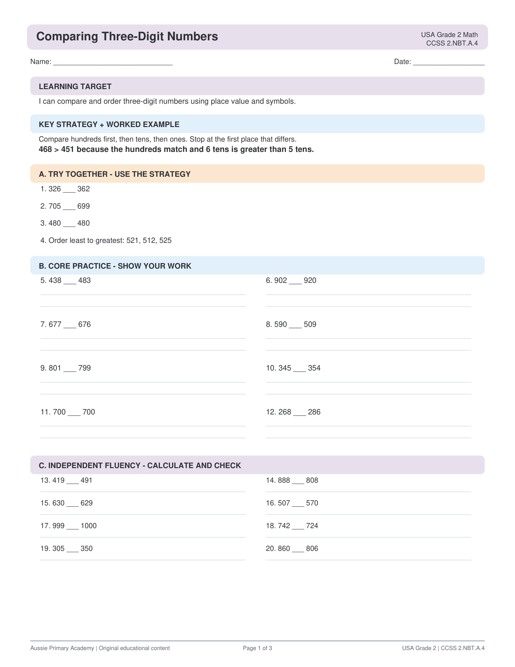 Comparing Ordering Numbers To 1000 worksheet preview