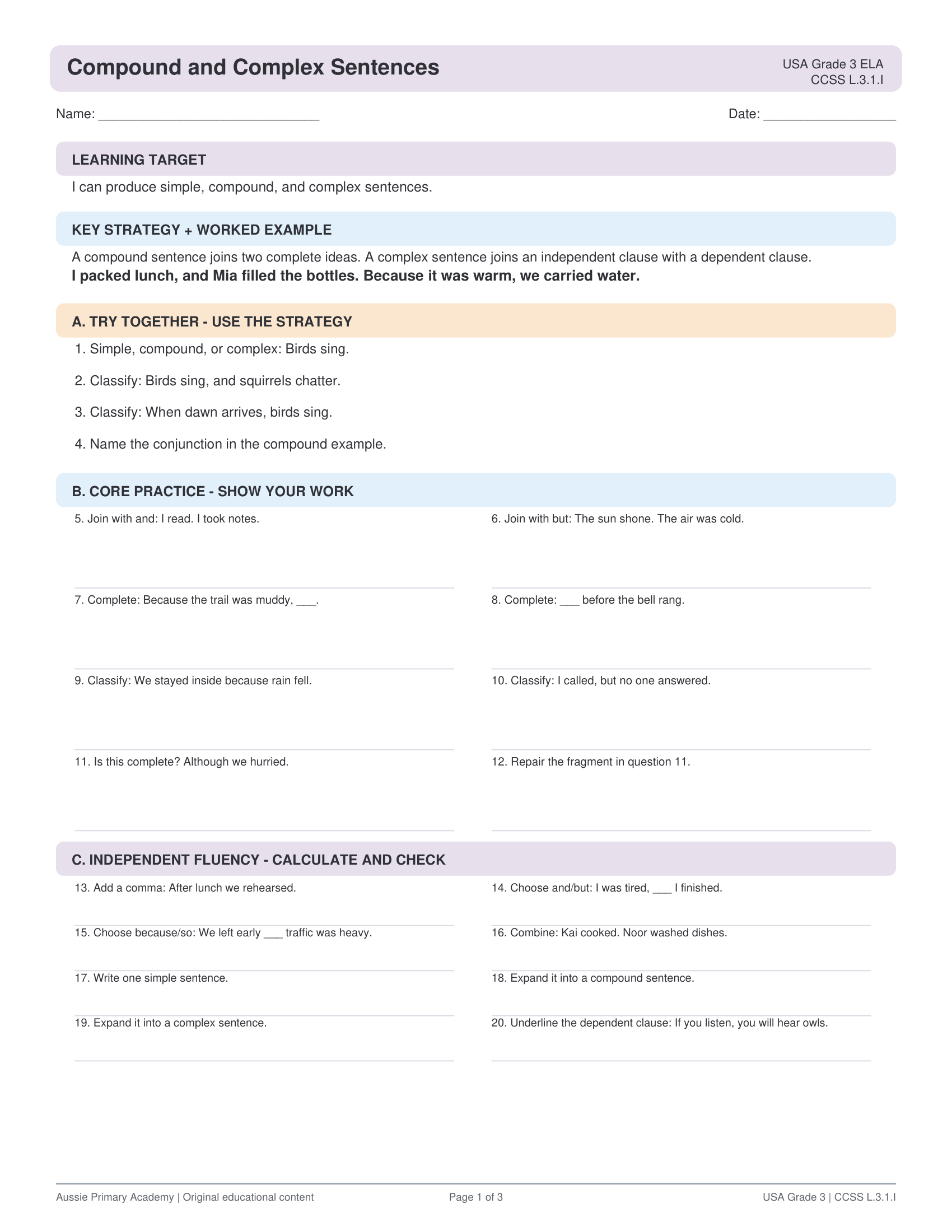 Grade 3 ELA Compound & Complex Sentences worksheet preview