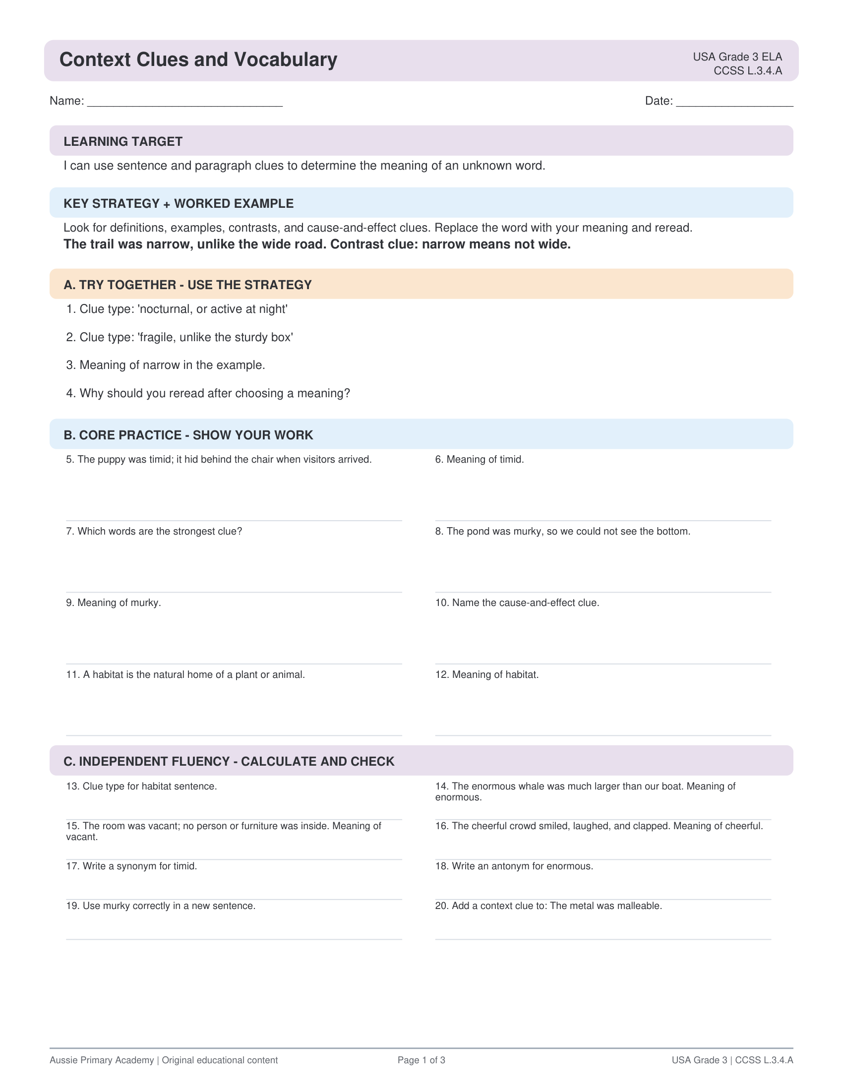 Grade 3 ELA Context Clues Vocabulary worksheet preview