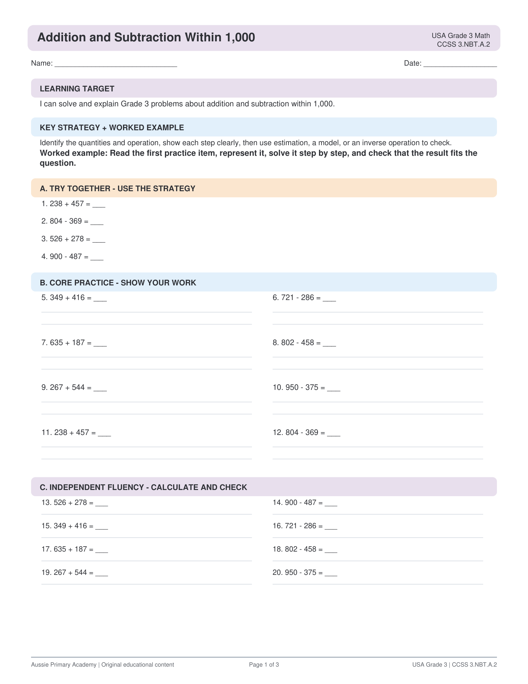 Addition Subtraction Within 1000 worksheet preview