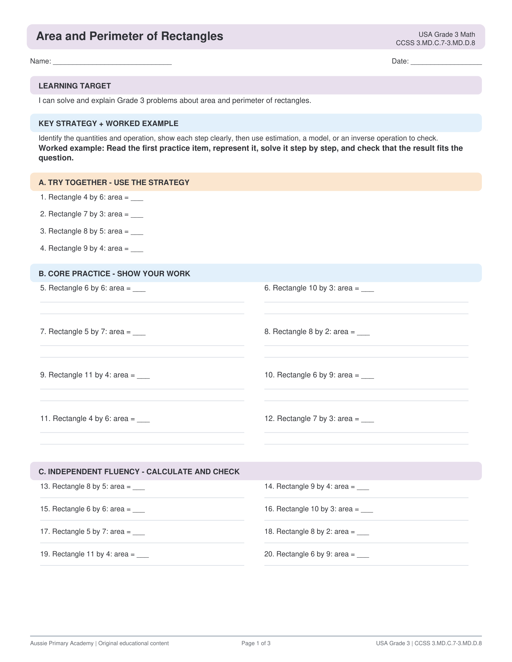 Area Perimeter Rectangles worksheet preview