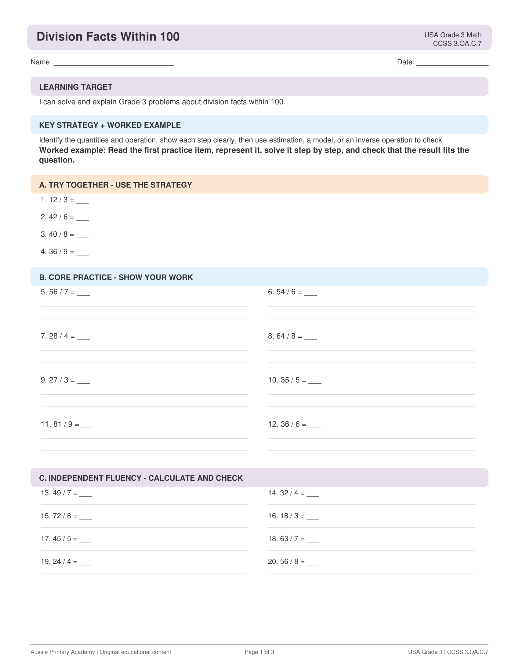 Division Facts Within 100 worksheet preview